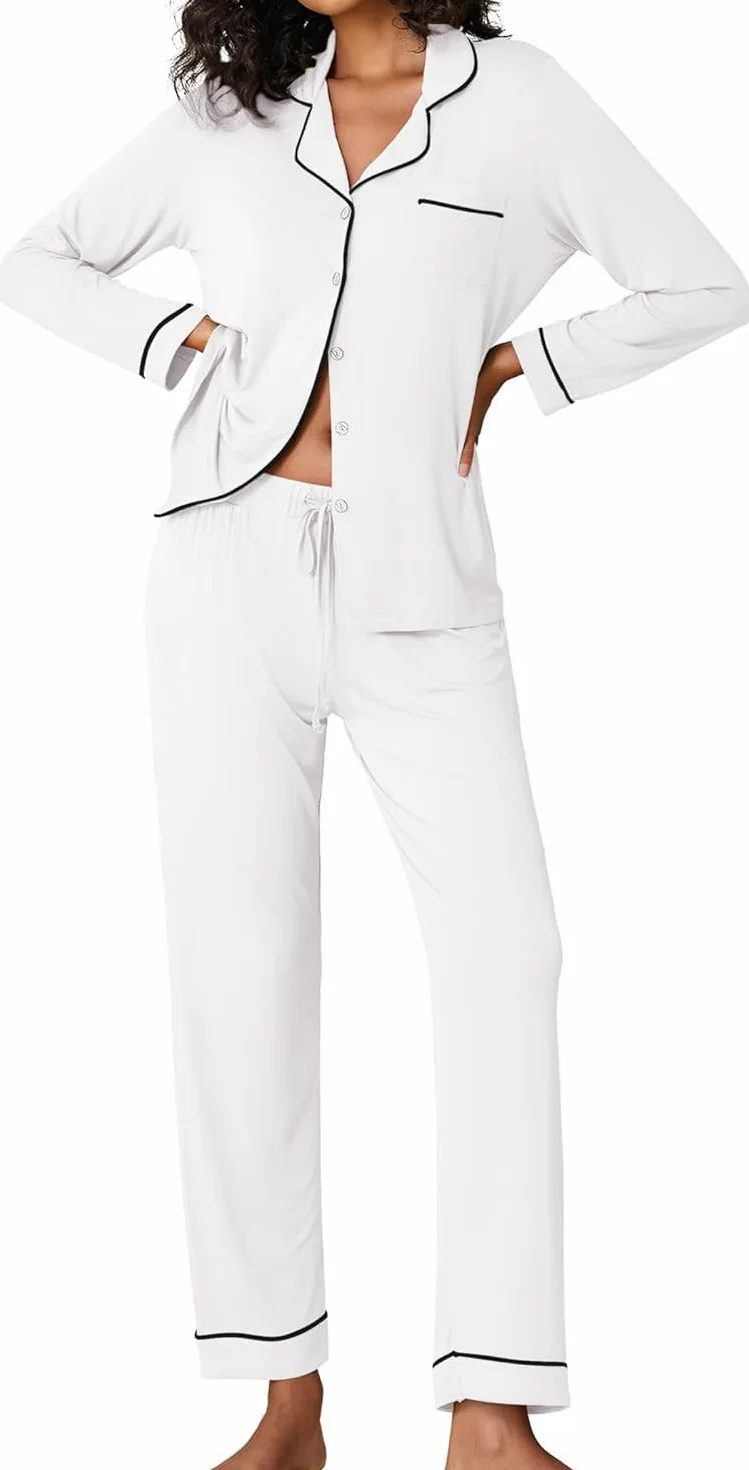 Ekouaer Conjunto Pijama Mujer Dos Piezas Largo con Botones Algodón Suave Pijama Top y Pijama Pantalones XS-XXL
