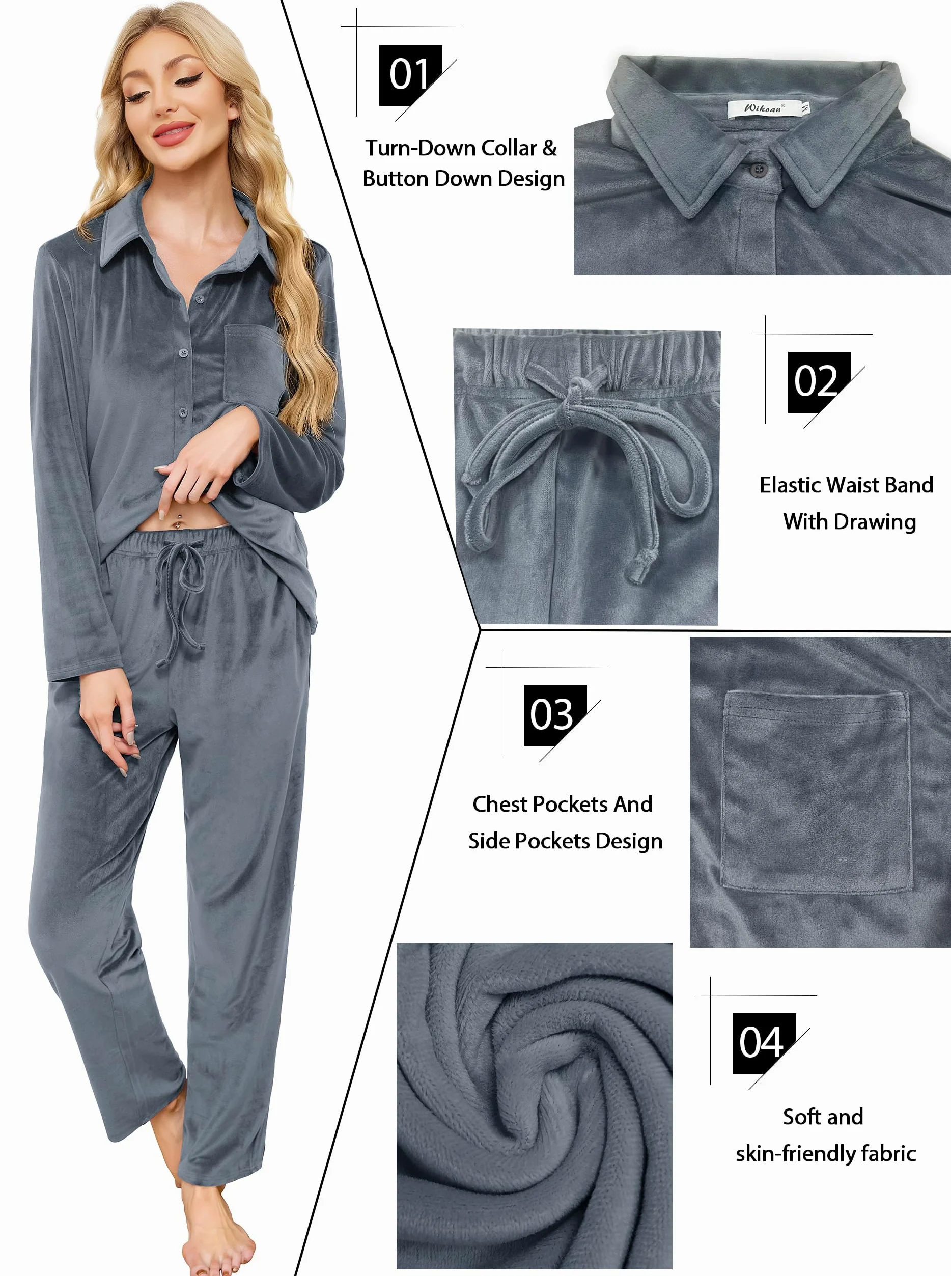 Wikoan Conjunto de Pijama Mujer Pijama de Invierno Felpa de una Cara para Mujer