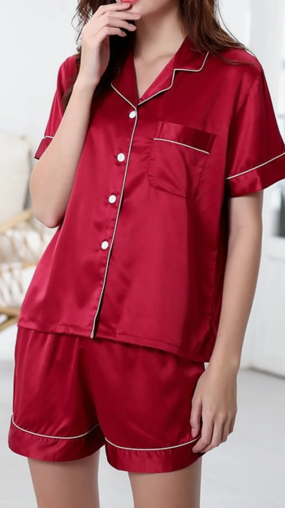 Pijama De Mujer Manga Corta,Botones De Solapa De Color Rojo Vino Pijama De Manga Corta Para Mujer Conjunto De 2 Piezas Pijamas Suaves Y Cómodos Para Mujer Ropa De Salón Regalo Del Día De La Madre