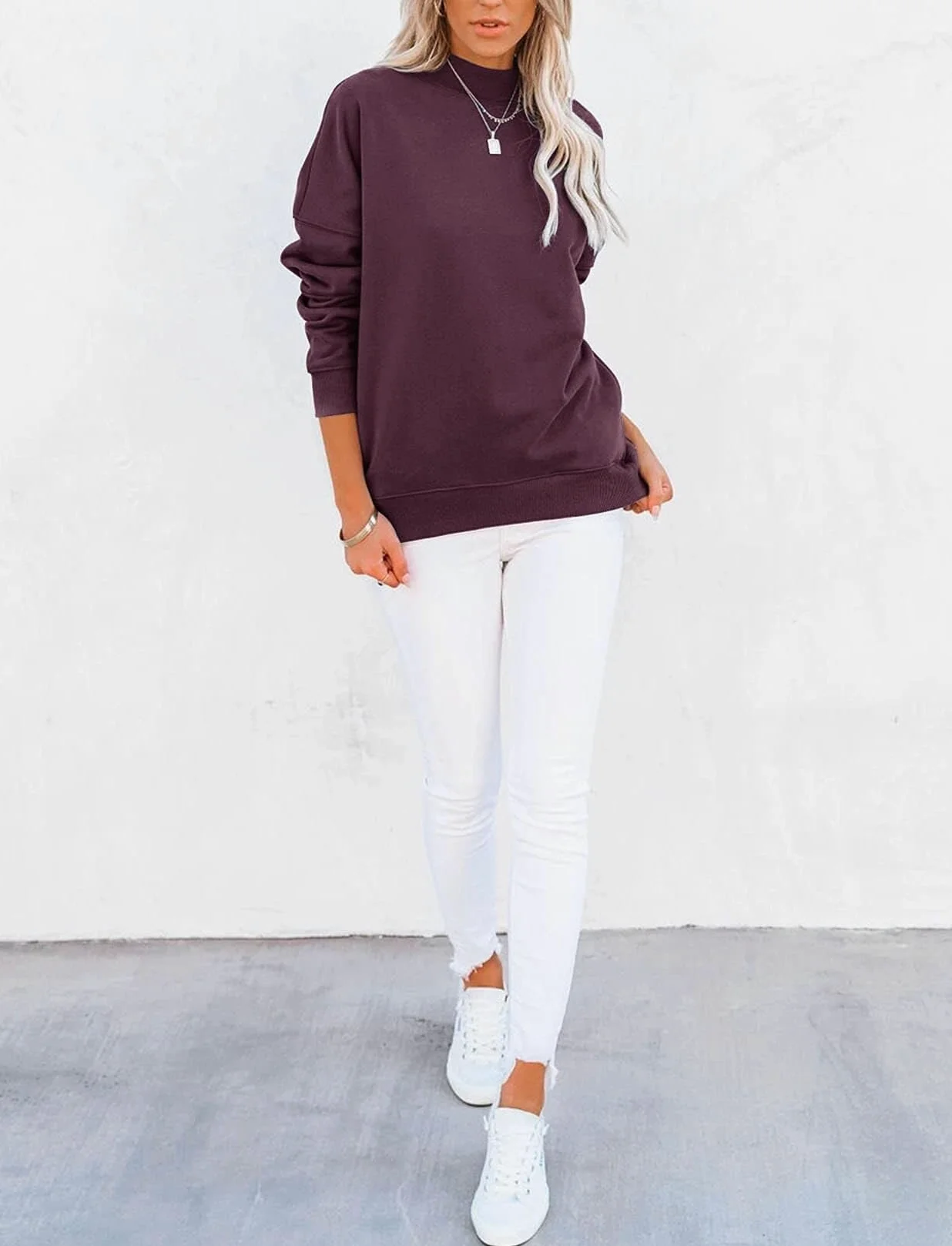 Sudadera Casual de Manga Larga for Mujer, básica, Holgada, con Cuello Alto, Ligera, con Bolsillo(Purple,M)