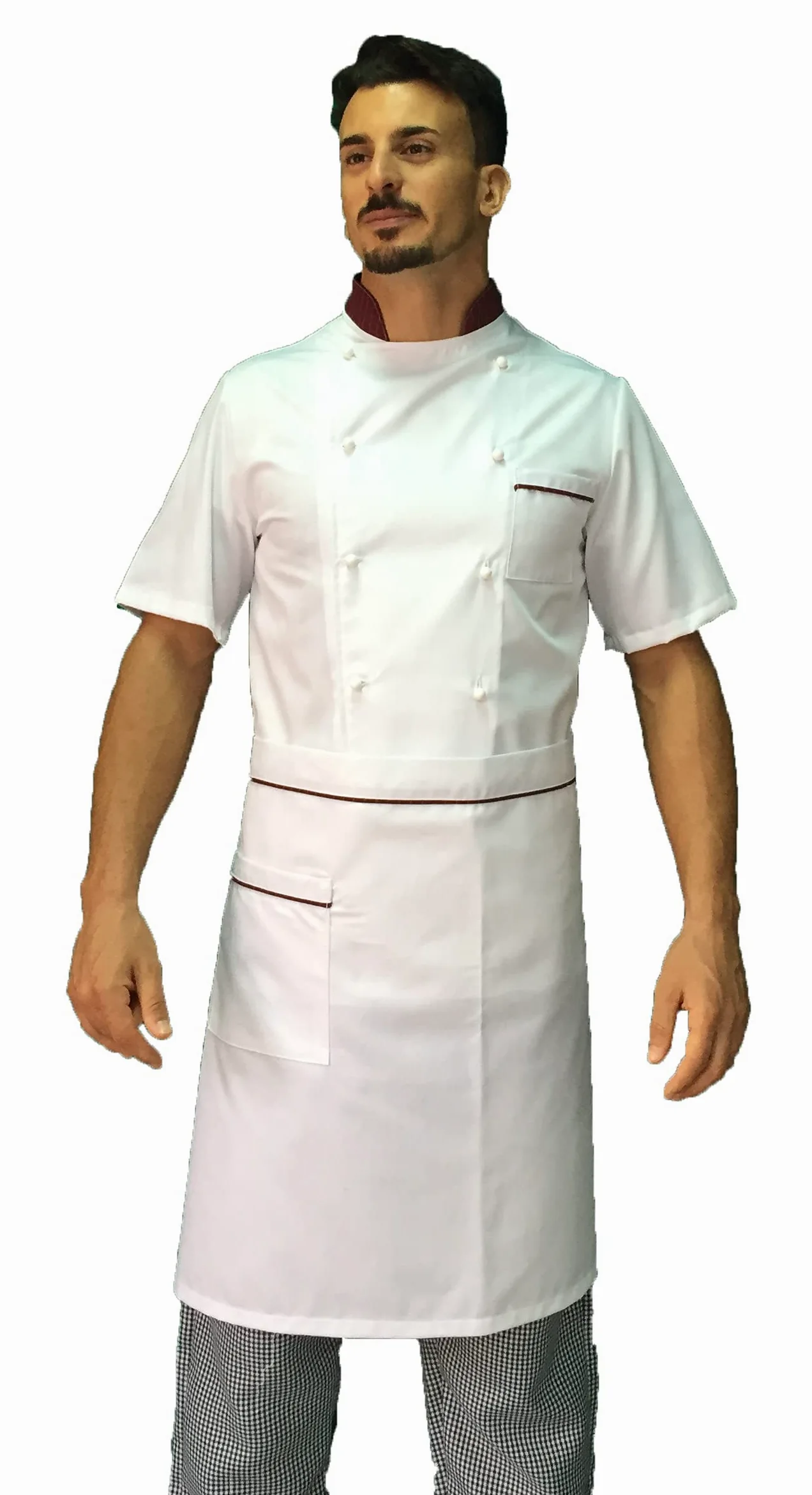 Bordado gratis - Conjunto de cocinero para hombre - Blanco/Burdeos y Pied de Poule - Uniforme Chef de manga corta - Chaqueta, pantalones y delantal - Algodón - Uniforme para cocina y