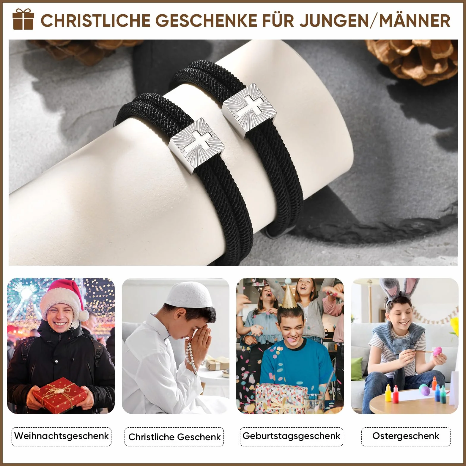 FLHEART Cruz pulsera confirmación regalos para niños – Pulsera de cuerda náutica negra con cruz, pulseras de Jesucristo, joyas, confirmación de Pascua, regalo para niños, hombres, hijo, regalos