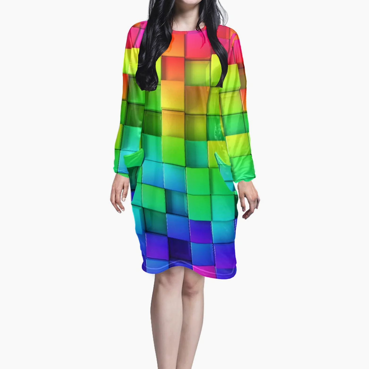 Binienty Camisones coloridos para mujer, 100% poliéster, suave, ligero, manga larga, con bolsillos, cuadrados 3D impresos