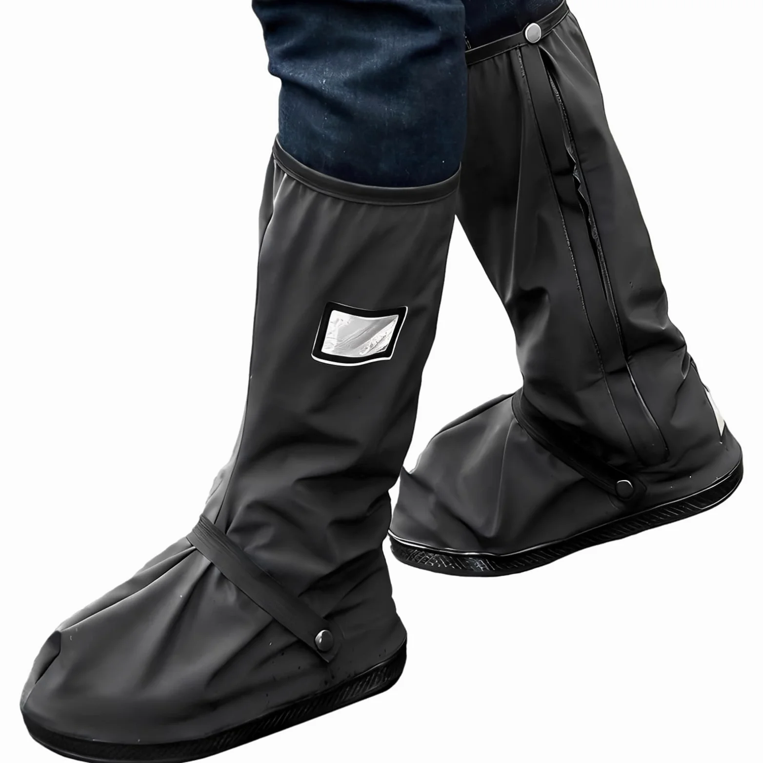 Generisch 2 fundas impermeables para zapatos XL, antideslizantes, con diseño reflectante, reutilizables, para hombre y mujer, con cremallera lateral, color negro