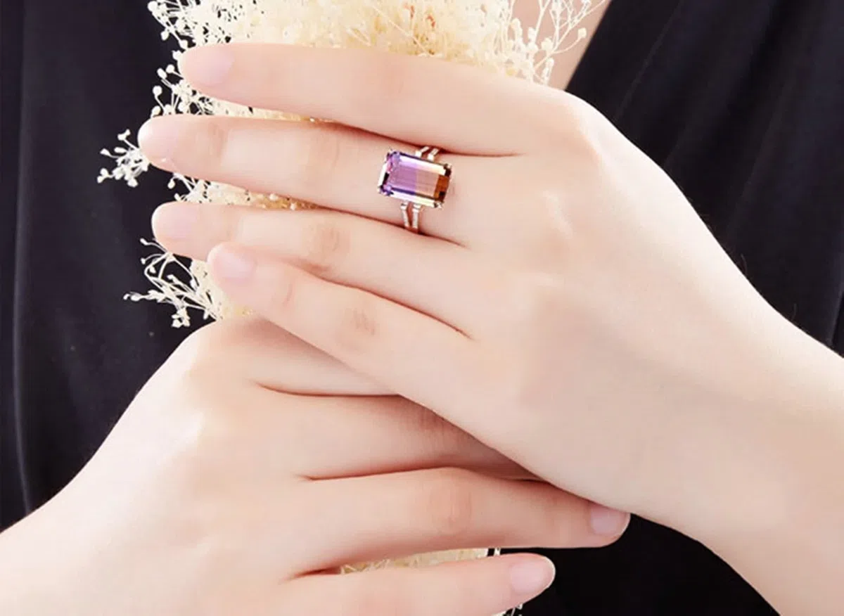 Sortijas de Oro Mujer 18K, Anillos de Mujer de Compromiso Ametrino Rectángulo Oro Rosa 18 Kilates con Certificado