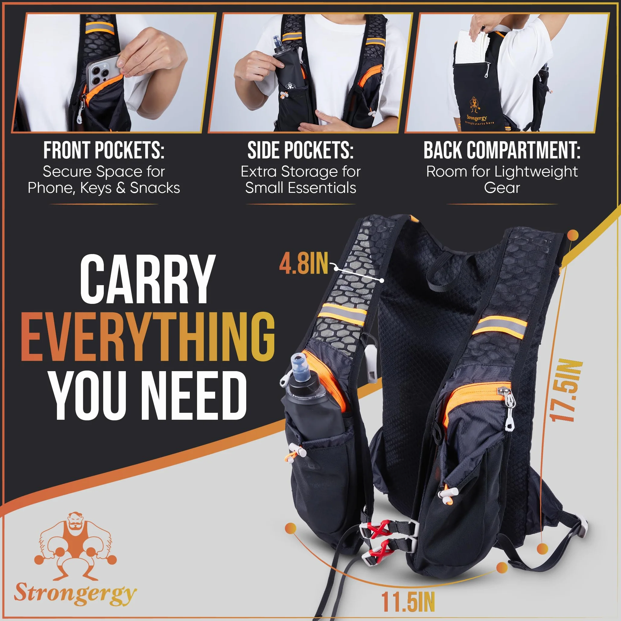 Chaleco Running Hombre y Mujer, Chaleco Hidratación Trail Running 40x22cm, Dos Bolsillos Exteriores, Dos Compartimentos, Botella de 0.5L y Silbato Incluido, Mochila Correr Hombre y Mujer