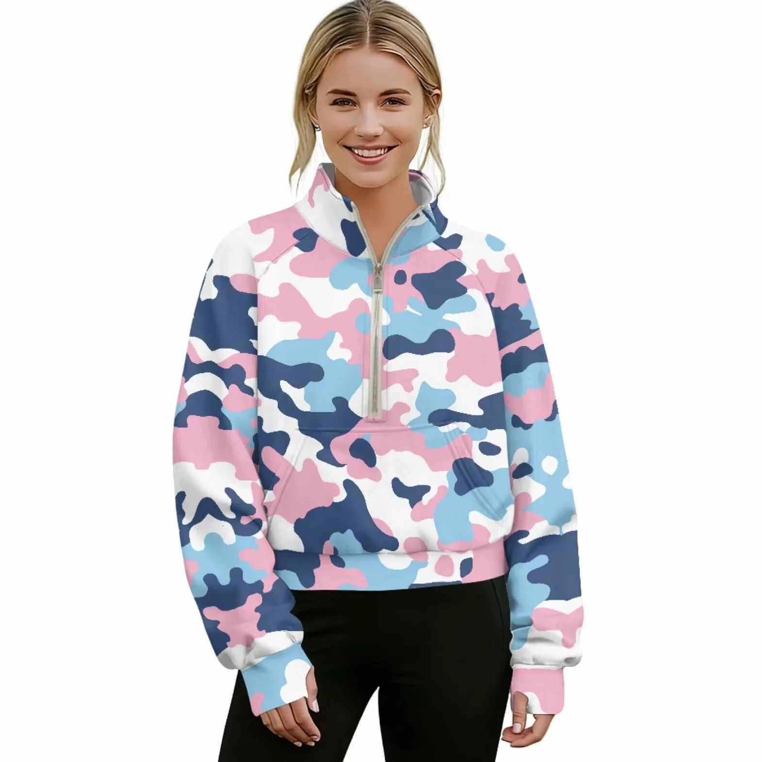 Poceacles Sudadera corta para mujer con 1/2 cremallera y agujero para el pulgar, cuello alto falso, sudadera de gran tamaño, sudadera con capucha suave