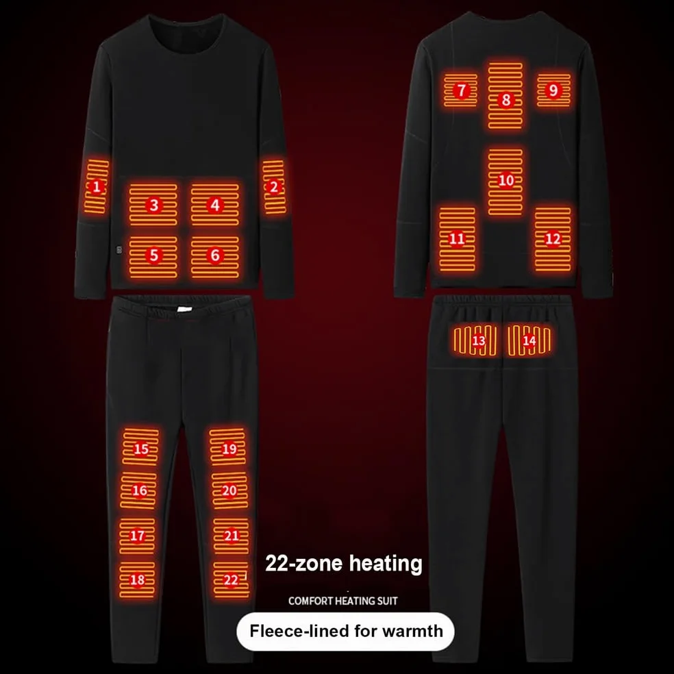 Conjunto de Ropa Interior térmica con Calefacción USB para Hombre, 22 Zonas de calefacción, Camiseta y pantalón térmicos, Capa Base Cálida Lavable,Negro,M