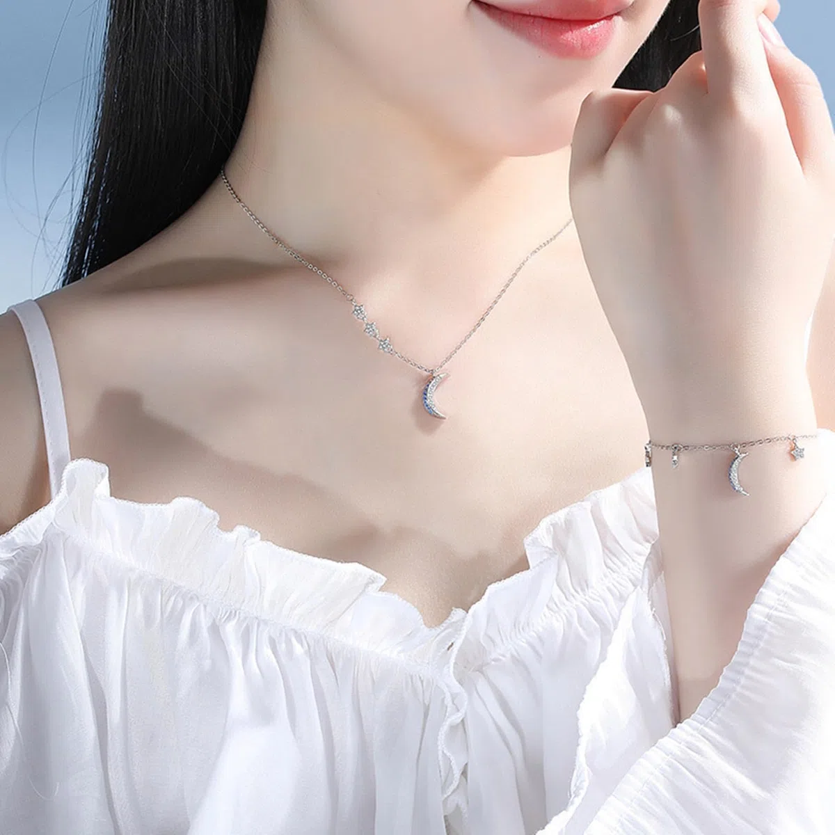 Collares de moda para mujer, collar de oro blanco de 9K/14K/18K con colgante de luna de moissanita y estrella de topacio, cadena Rolo: 40 + 5 cm