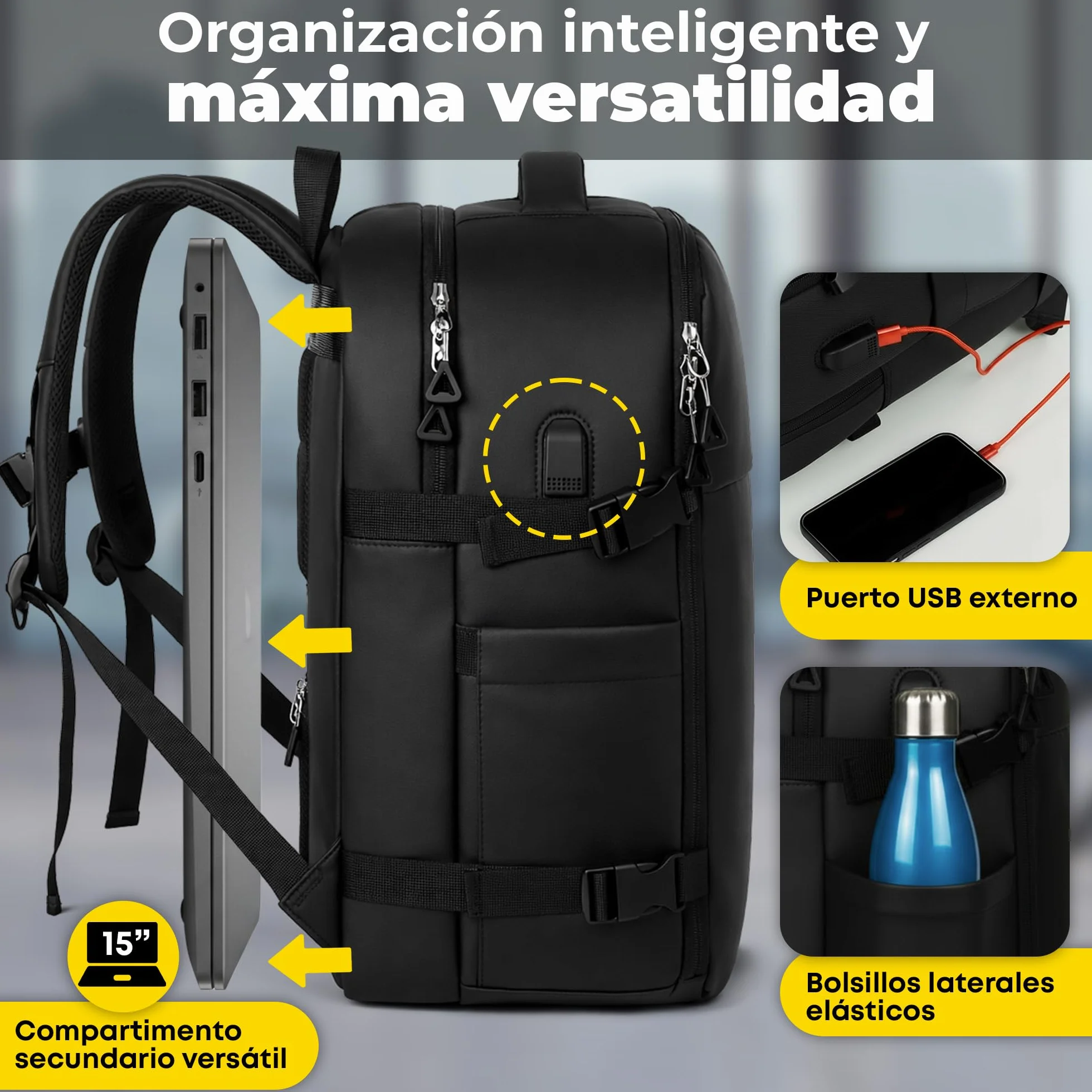 mochila cabina 40x30x20 24L Para Ryanair – equipaje de mano Bajo Asiento, mochila de viaje 40x30x20, Apertura 180º, Antirrobo, Compartimento portátil 15”, Banda Trolley, Diseñada en España.