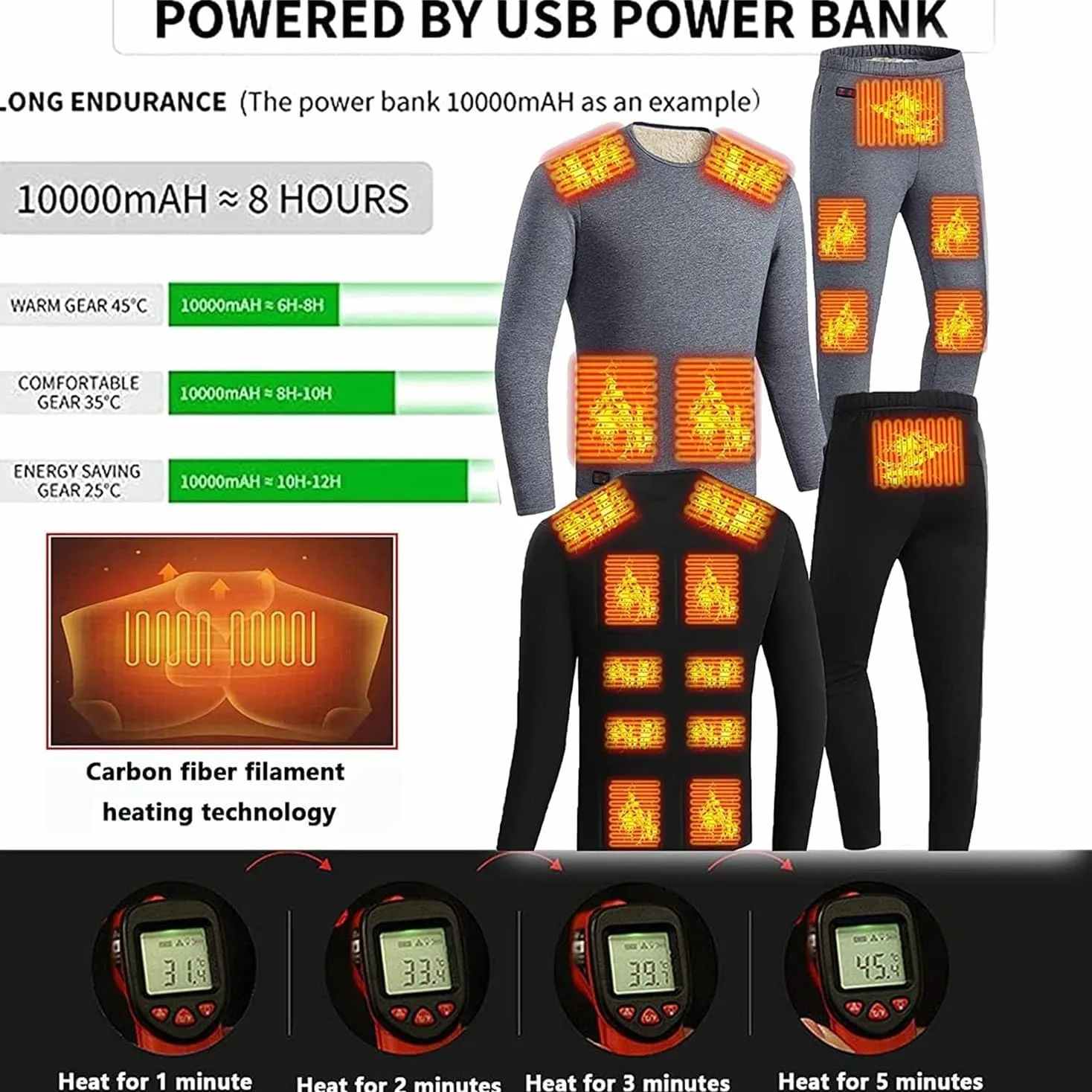 Ropa Interior térmica para Hombre, Traje Calefactor, Camiseta térmica de Manga Larga con calefacción eléctrica por USB, Pantalones, Capa Base, Traje cálido para Entrenar, Esquiar y Correr (n