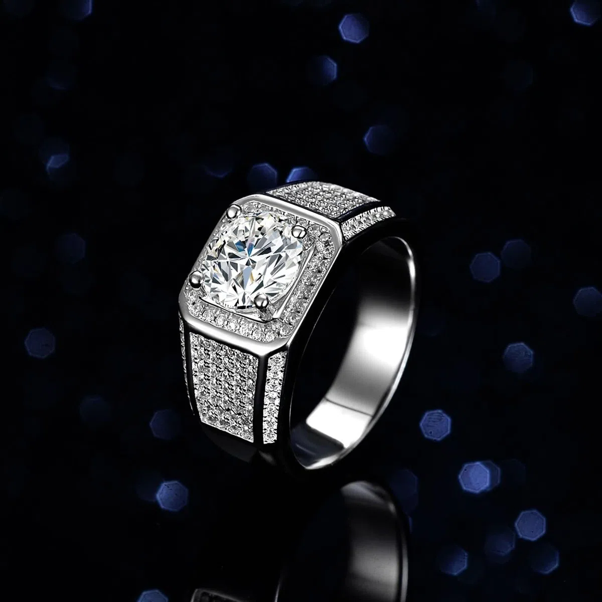 Anillo de oro blanco para hombre, oro blanco de 9 quilates, 14 quilates, 18 quilates, 4 puntas redondas con moissanita de 2 quilates
