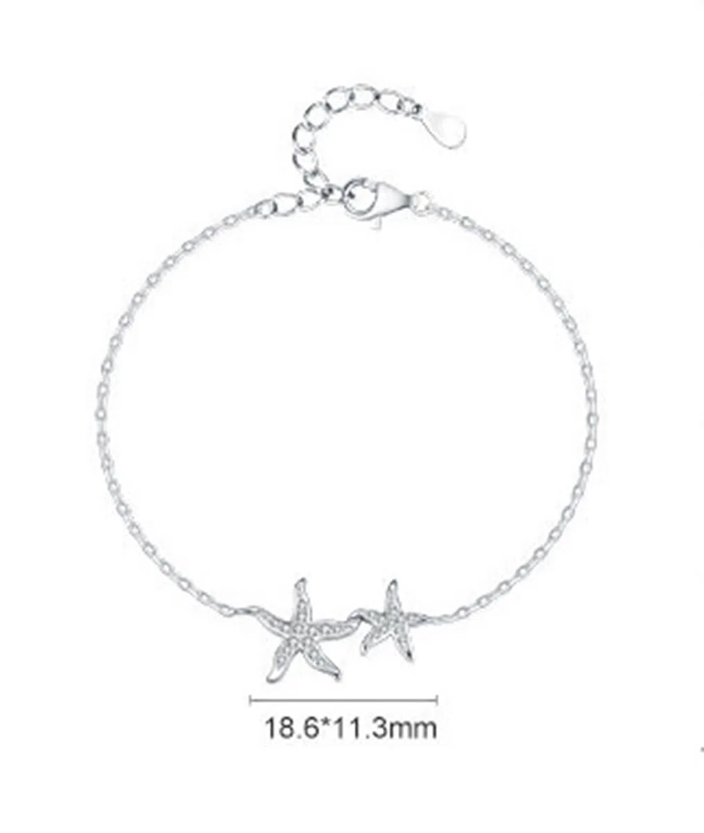 Pulseras de Oro Blanco para Mujer 9K / 14K / 18K, Estrella de Mar con Diamante Creado, Cadena Extensible 16 CM + 5 CM, Pulsera Cadena Plata Mujer
