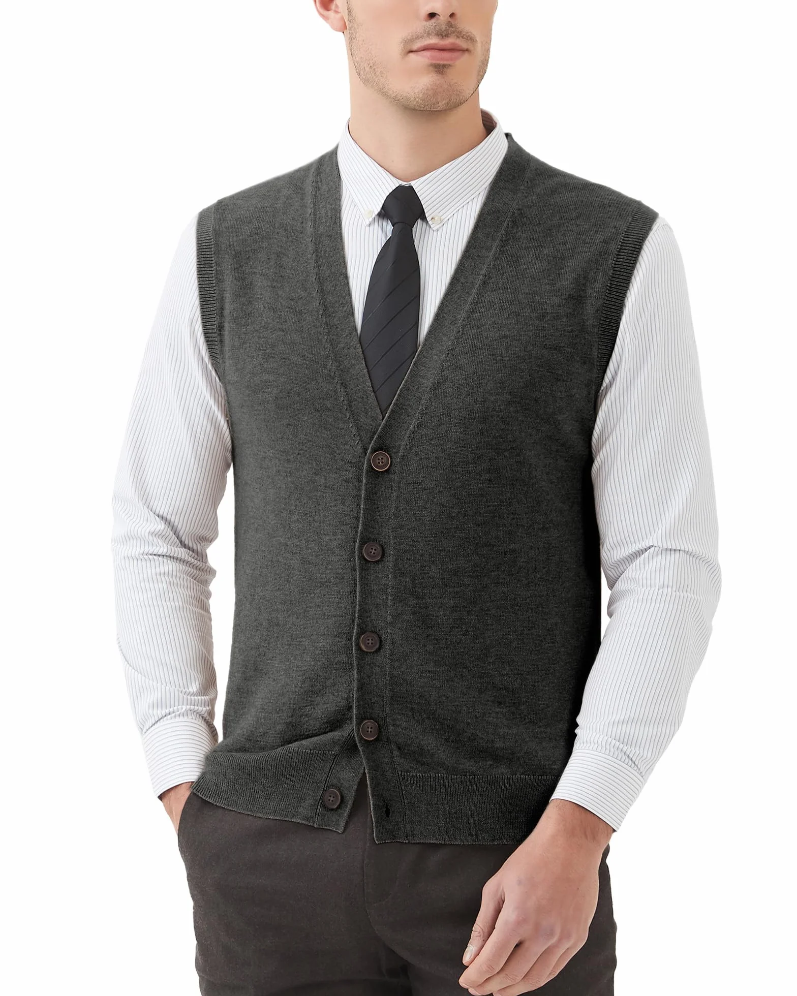 Kallspin Chalecos de Mezcla de Lana para Hombre Cuello en V Chaleco de Punto Cárdigan sin Mangas con Botones