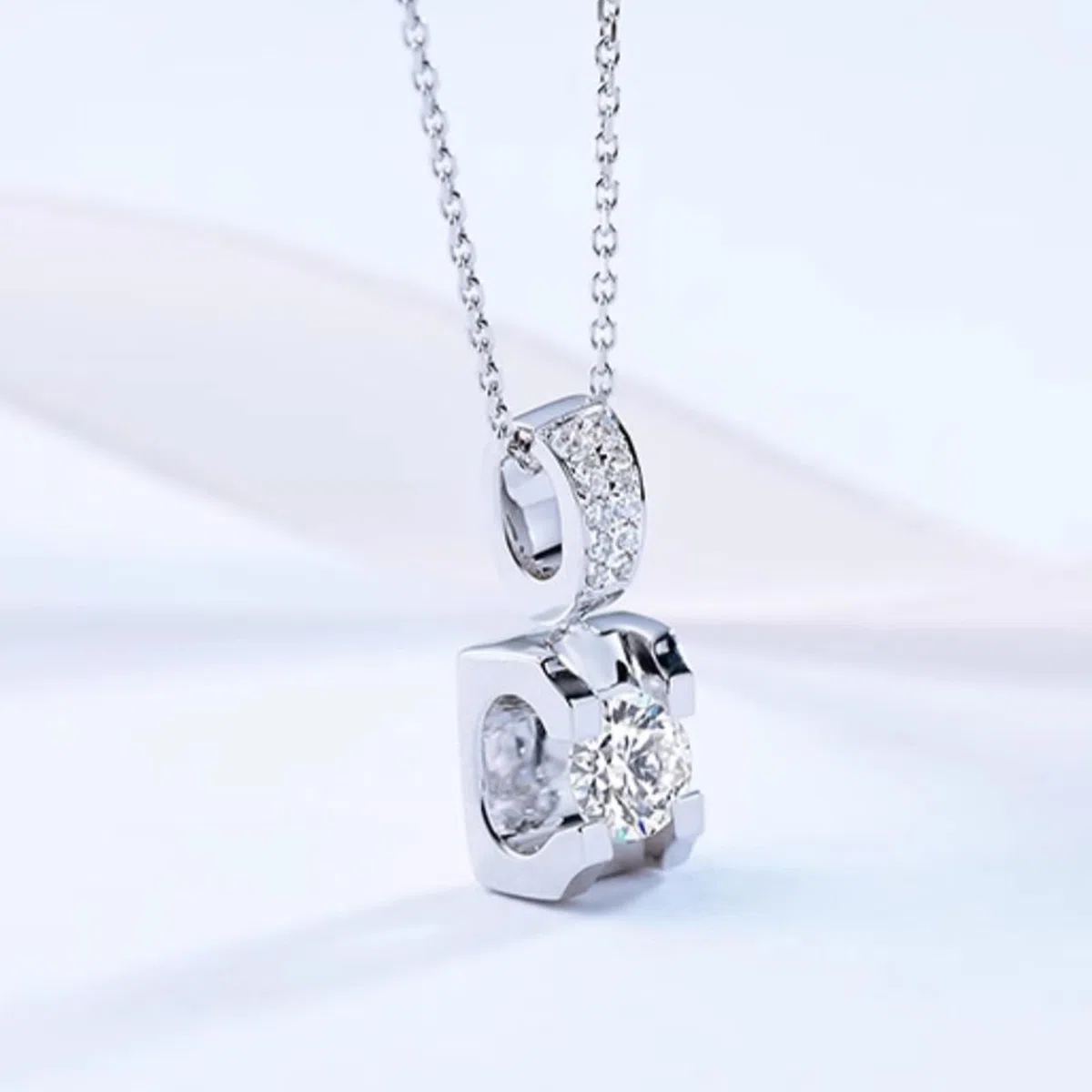 KnSam Joyas de oro real de 9 K/14 K/18 K, collar de mujer de oro blanco, cadena de diamante creada en laboratorio, colgante clásico de corte redondo, blanco, cadena para mujer Au 750/585/375