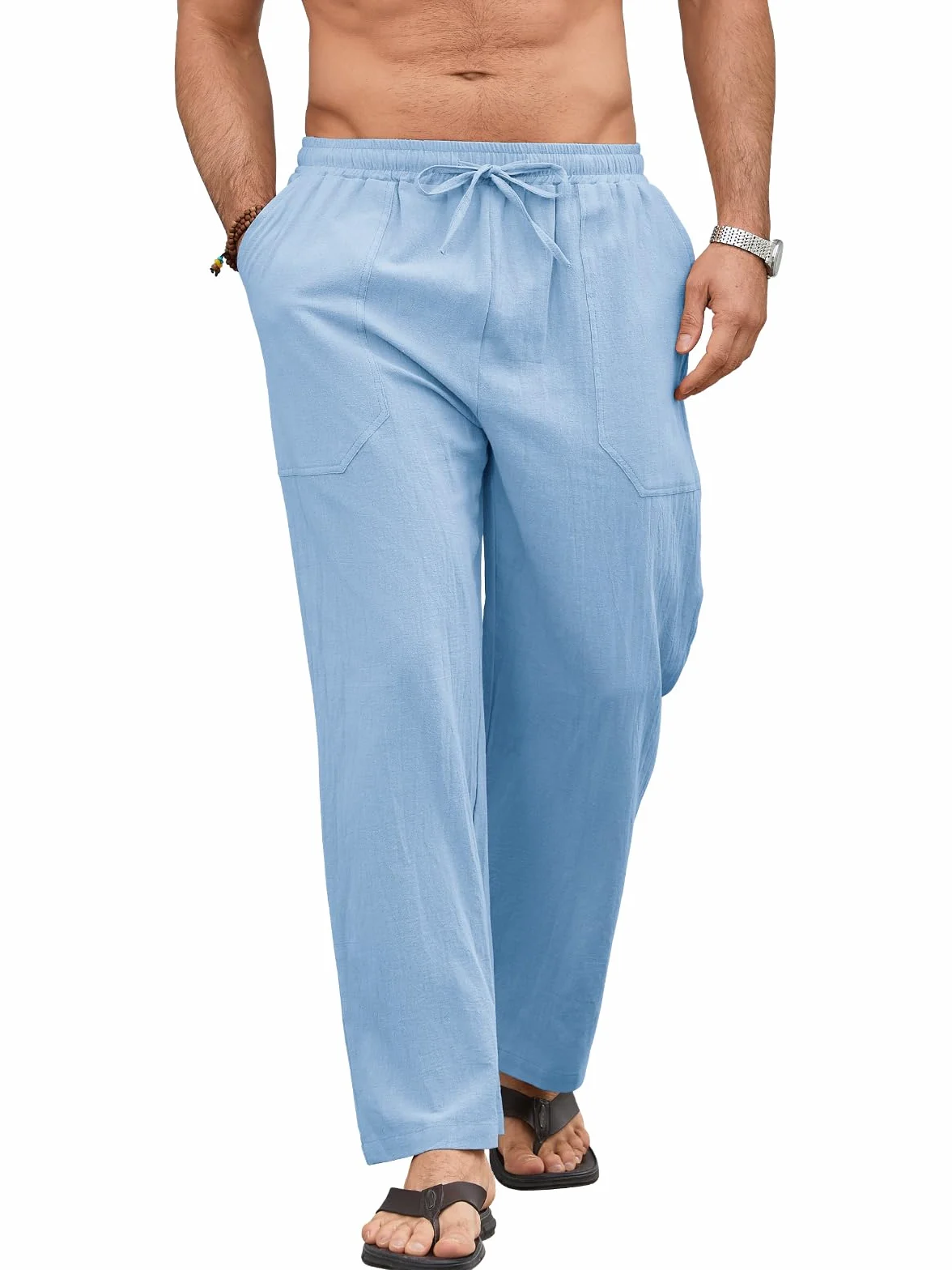 Pantalón Lino Hombre Verano de Mezcla Algodón y Lino Ligero Transpirable con Cintura Elástica Cordon y Bolsillos Pantalones de Lino Hombre Corte Largo