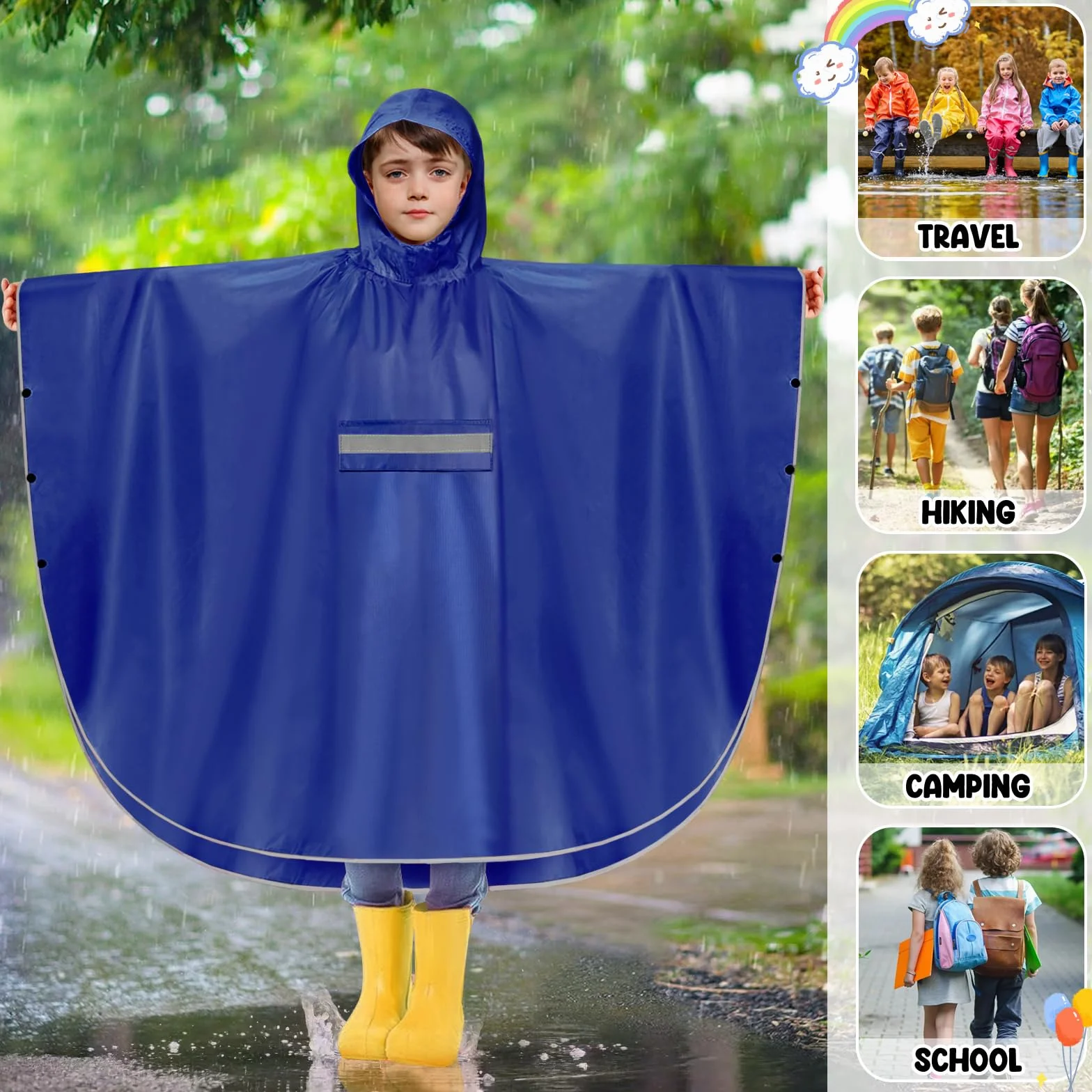 Poncho Impermeable Niño Rayas Reflectantes 120-140 cm Unisex