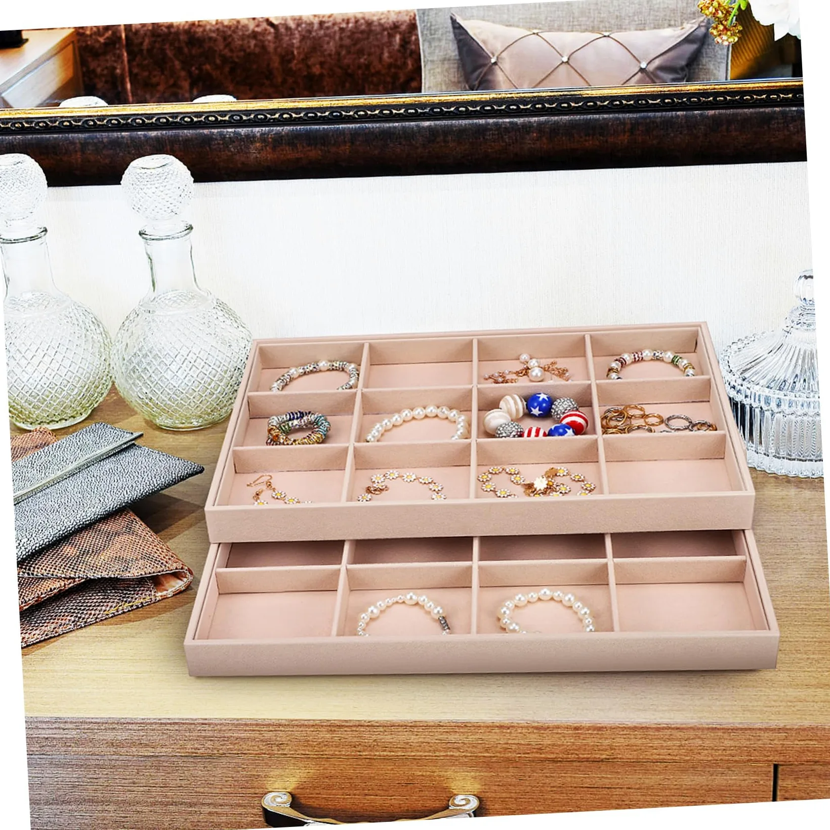 COLLBATH Bandejas para Joyas Terciopelo 12 Compartimentos Organizador de Joyería para Collares y Anillos Uso Personal y Exhibición 2 Unidades Apilables