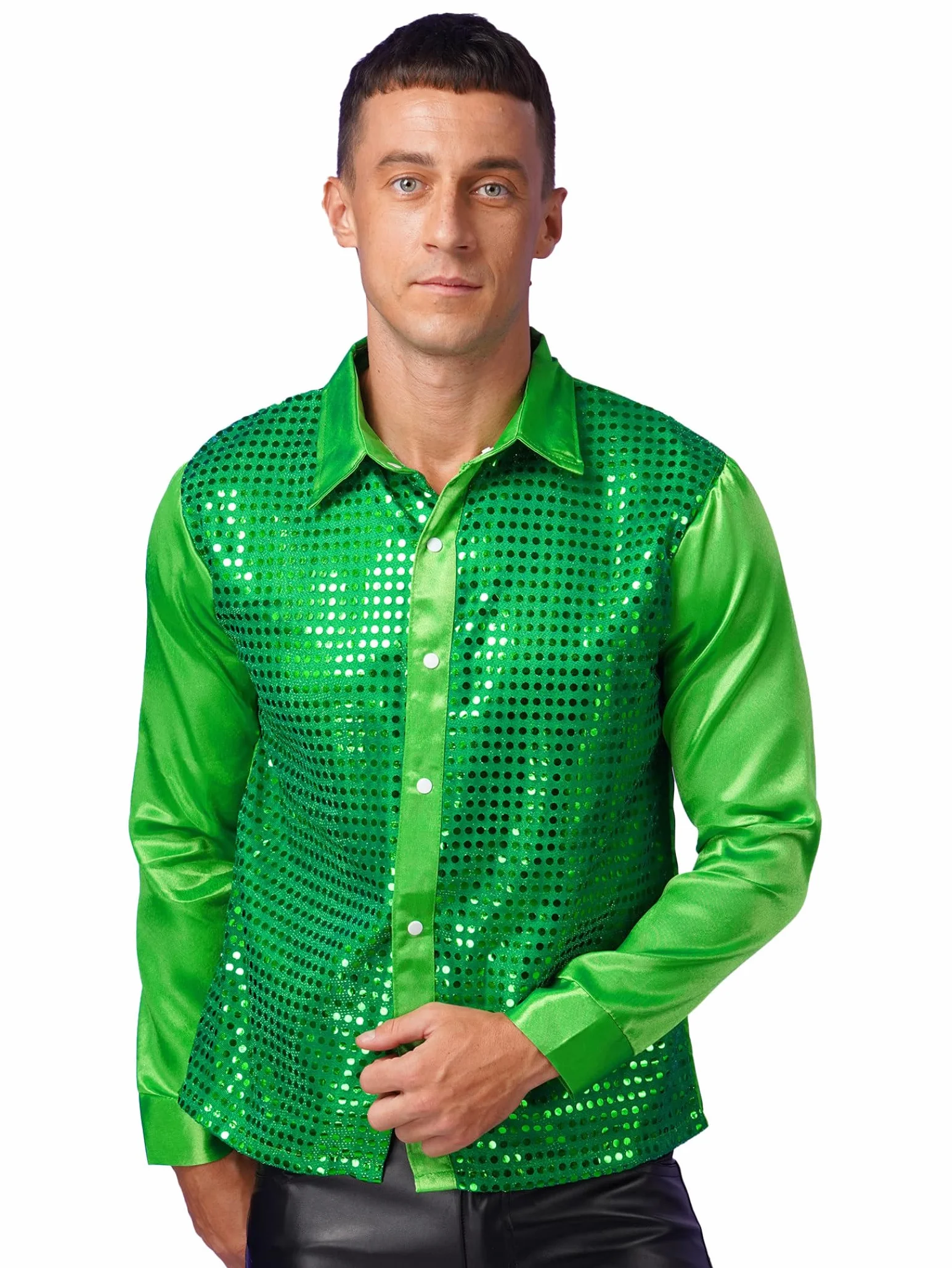 Camisa Hombre Brillante Manga Larga Disfraz Halloween Carnaval Traje Vintage Disco