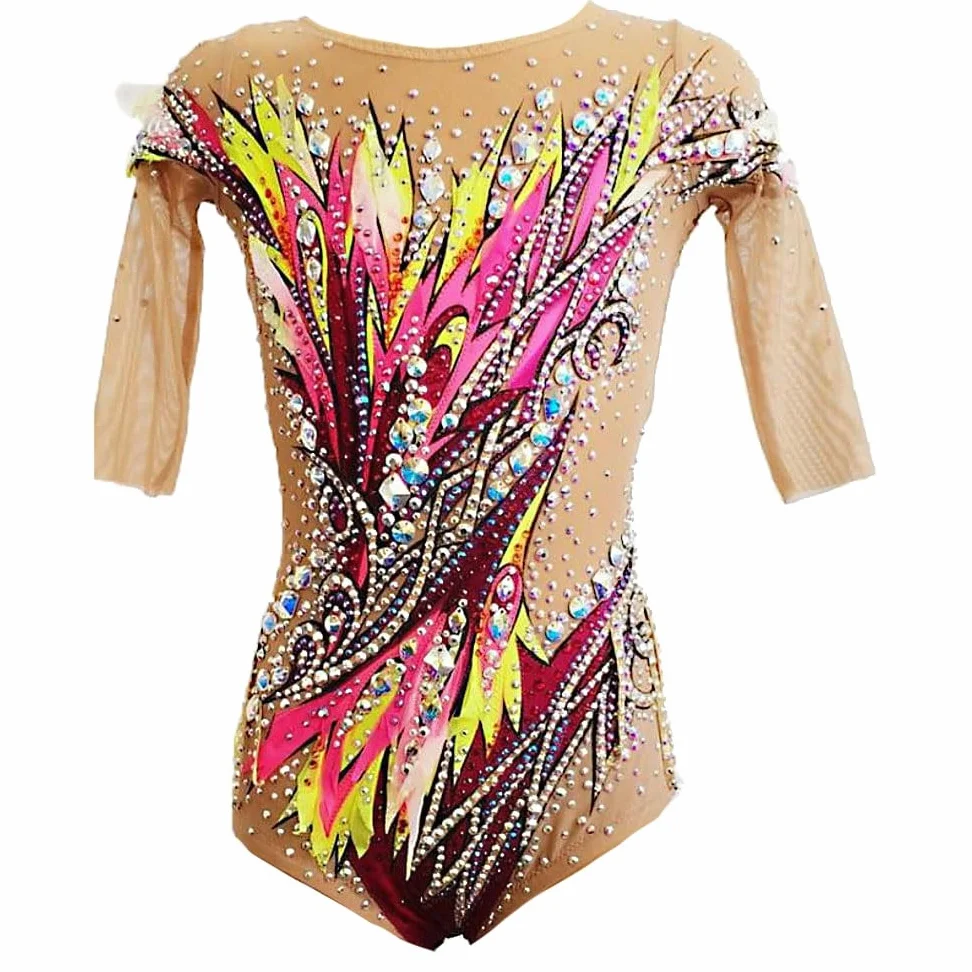 Vestido De Patinaje Leotardo Ruborización De Rosa Alta Elasticidad Y Transpirable Hecha A Mano Jeweled Diamante Se Vea Media Manga De Girls'Rhythmic Leotards De La Gimnasia Mujeres