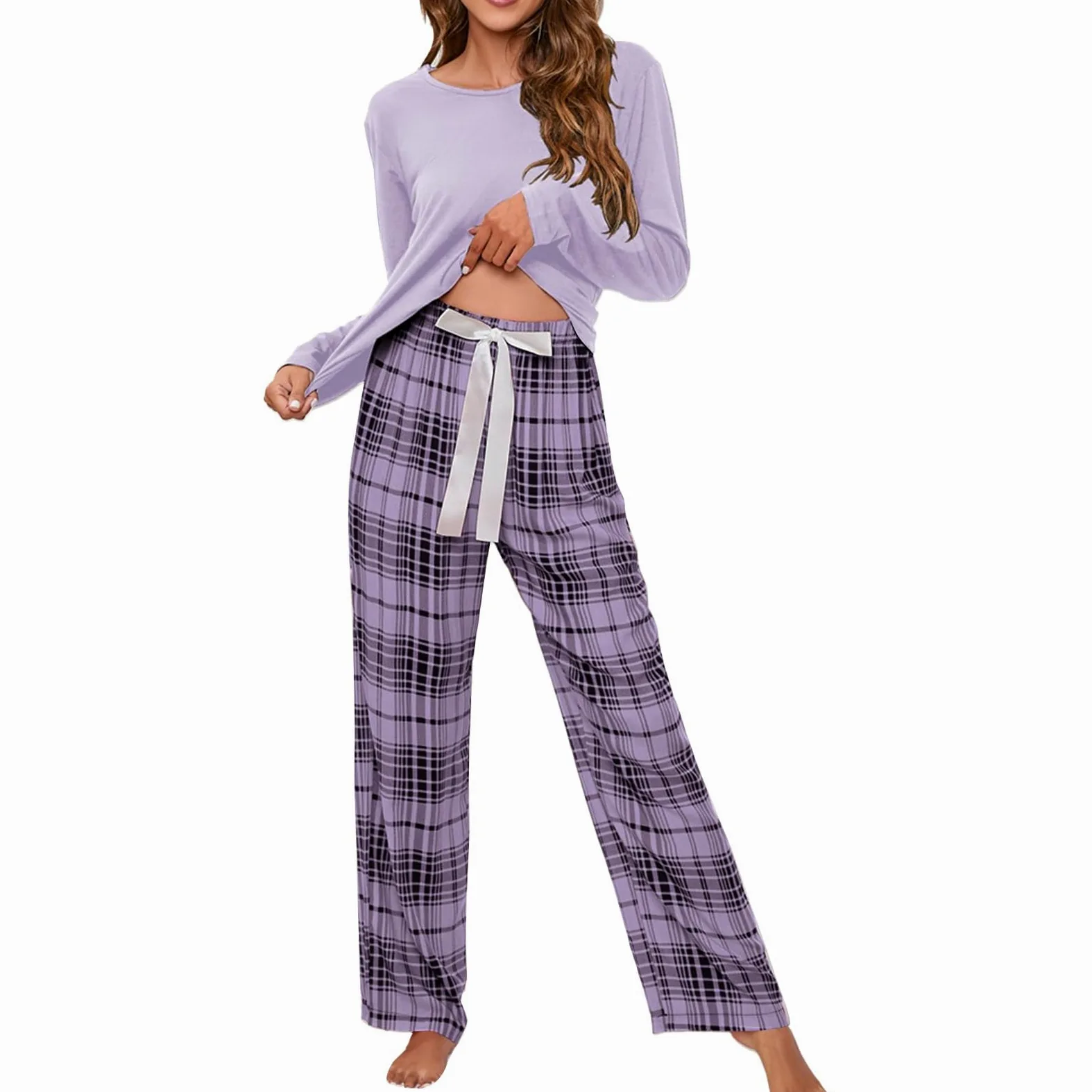 Generisch Pijama largo a cuadros para mujer, cuello redondo, otoño e invierno, pijama de tallas grandes, monocolor, traje holgado, ligero, ropa de salón, ropa de casa, traje de ocio ancho con arco