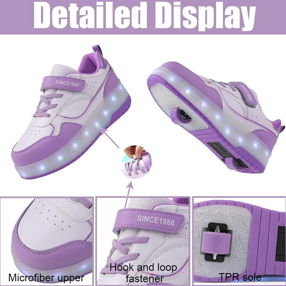 Hixingo Zapatillas con Ruedas Niño Niña, Blanco Zapatos con Dos Ruedas para Niñas 2 en 1 Zapatillas Patines Zapatillas Ruedas Niño, Zapatos Patines Calzado de Skateboarding Multifuncionales