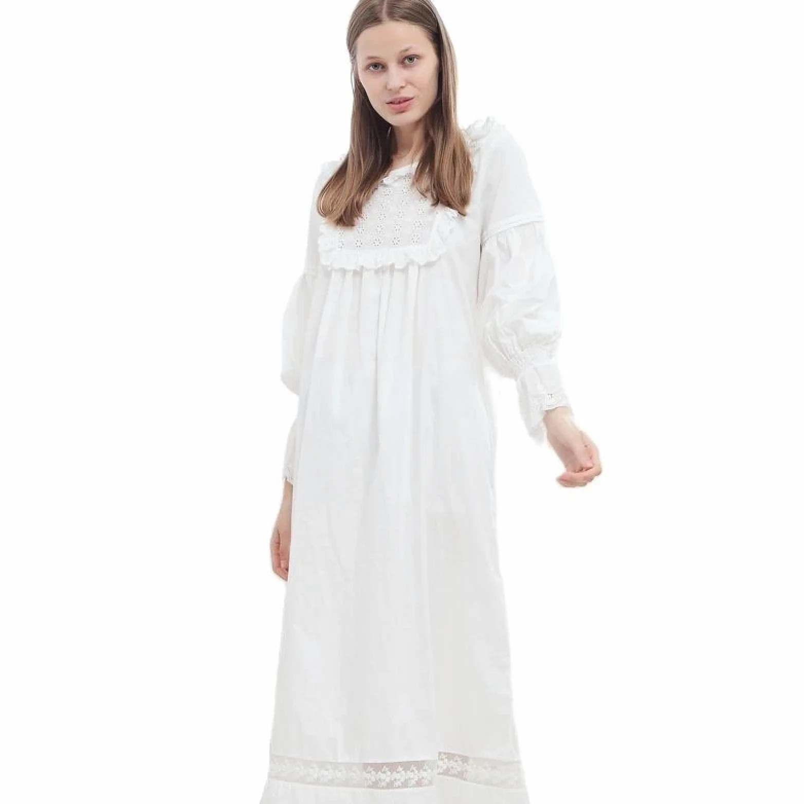 OFFSUM Camisón De Pijama De Mujer - Camisón Blanco Sweet Plisado Retro Princess Solid Color Vintage Nightdress Soft Robe Loungewear Vestido De Lencería