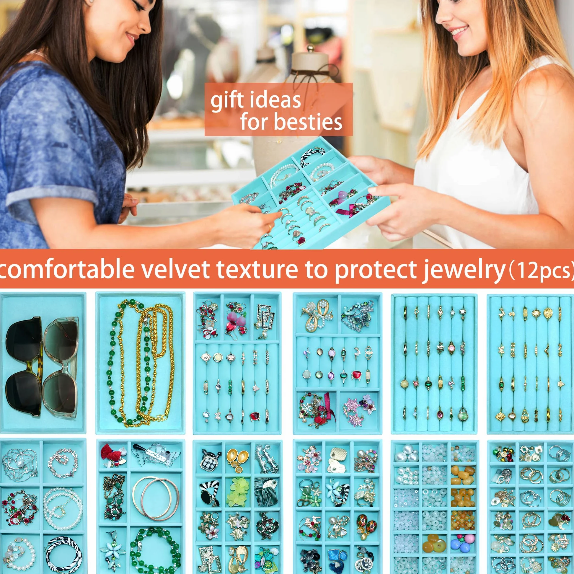 12 bandejas de terciopelo para joyas, organizador de joyas, collares, pulseras, pendientes, anillos, broches, relojes, color azul