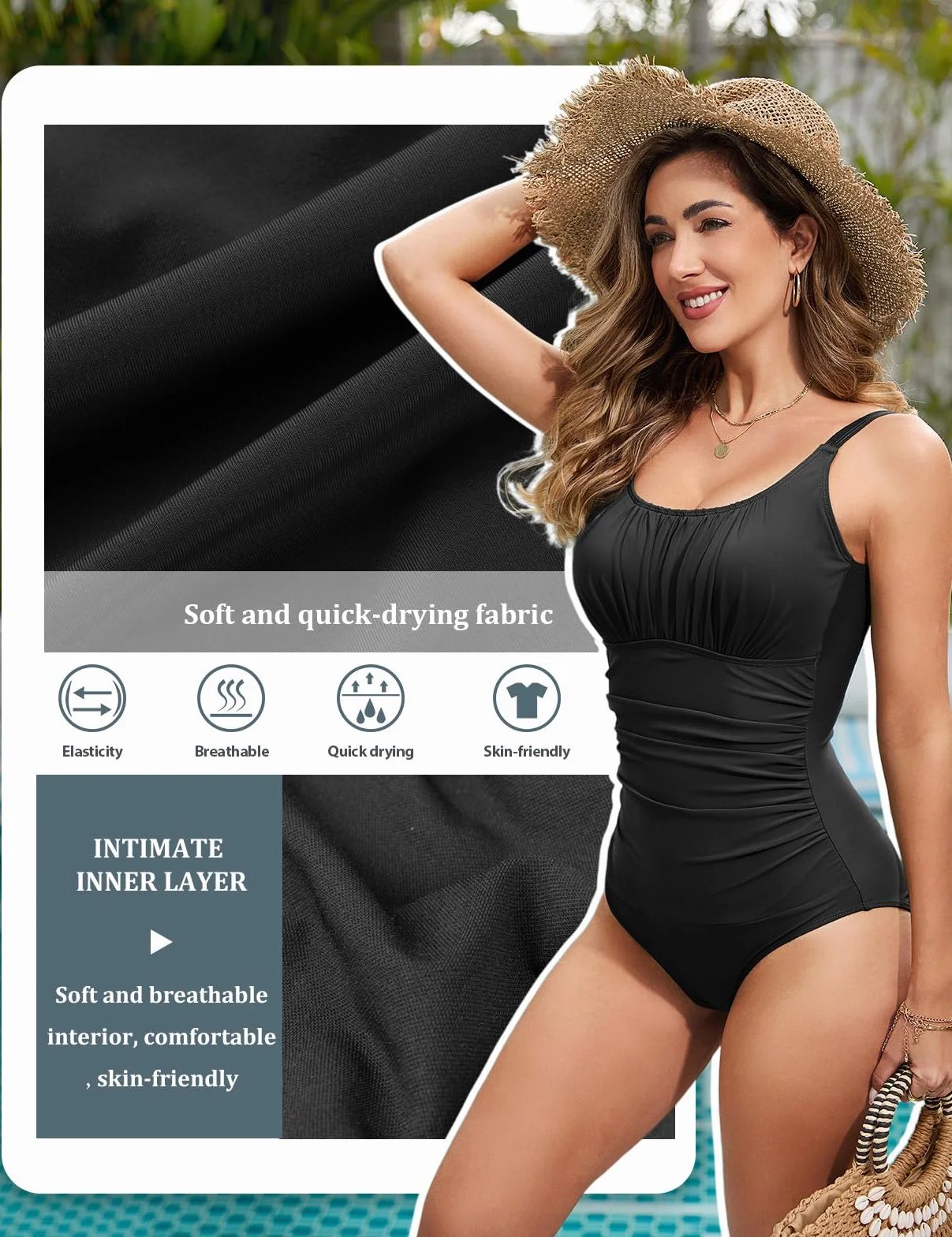 Vancavoo Bañador de Una Pieza Mujer Reductores Traje de Baño de Pliegues Cintura Alta Cuello en U Bañadores Push Up Ropa de Baño de Playa de Chaleco