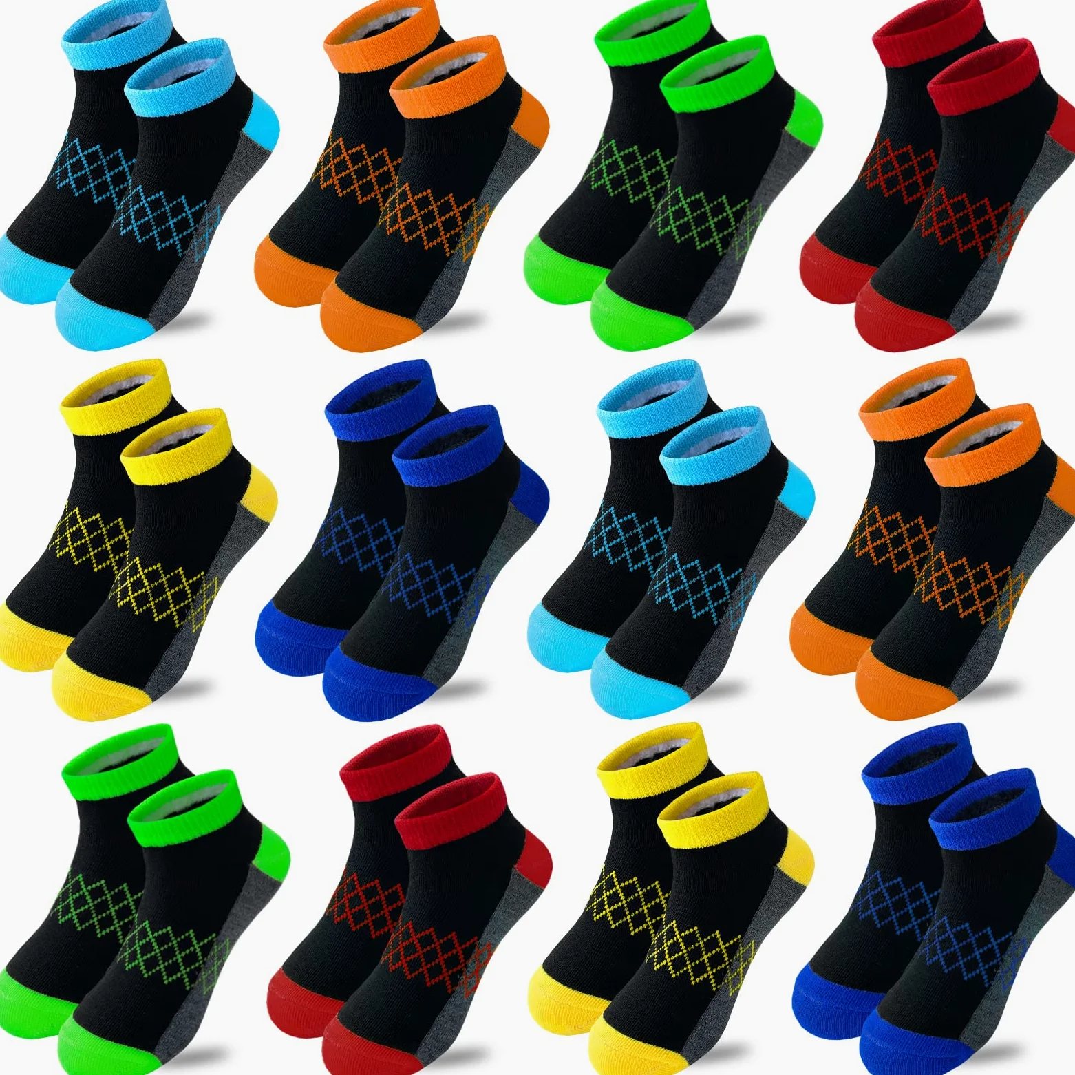 12 pares de calcetines de algodón atléticos de corte bajo para niños pequeños y grandes de 3 a 10 años