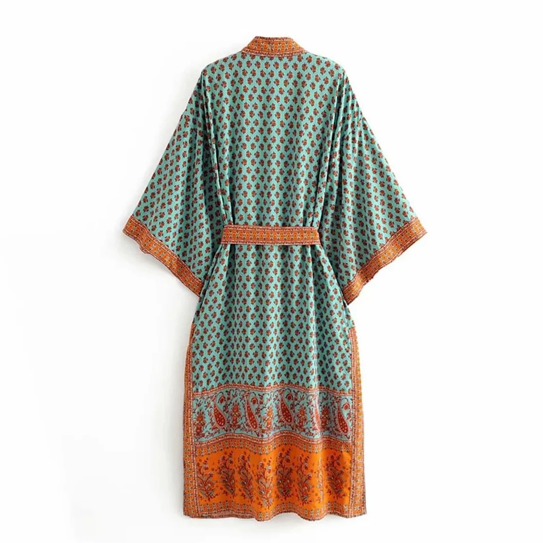 Disimlarl Kimono estampado para mujer, estilo bohemio, cuello en V, mangas murciélago, bata larga para playa, salida de baño