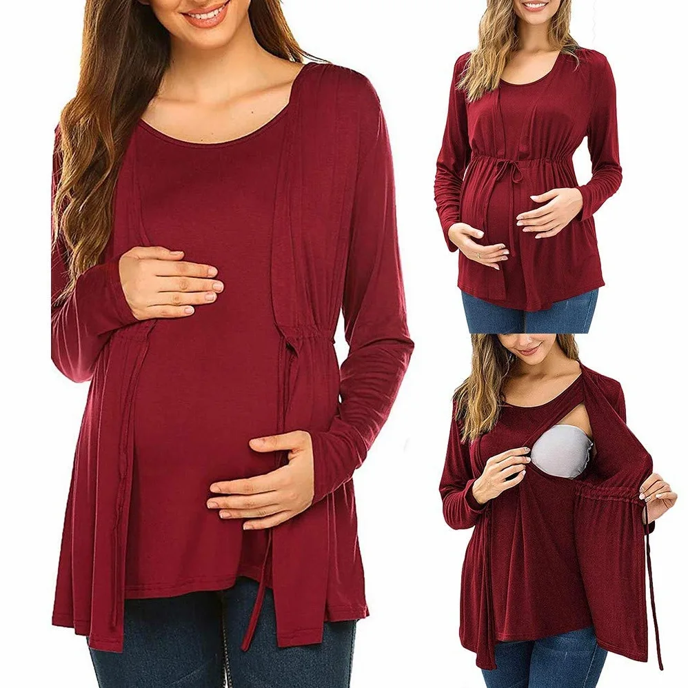 Blusa Maternal Doble Capa Camiseta Larga para amamantar Mujer Manga enfermería Tops Lactancia cómoda