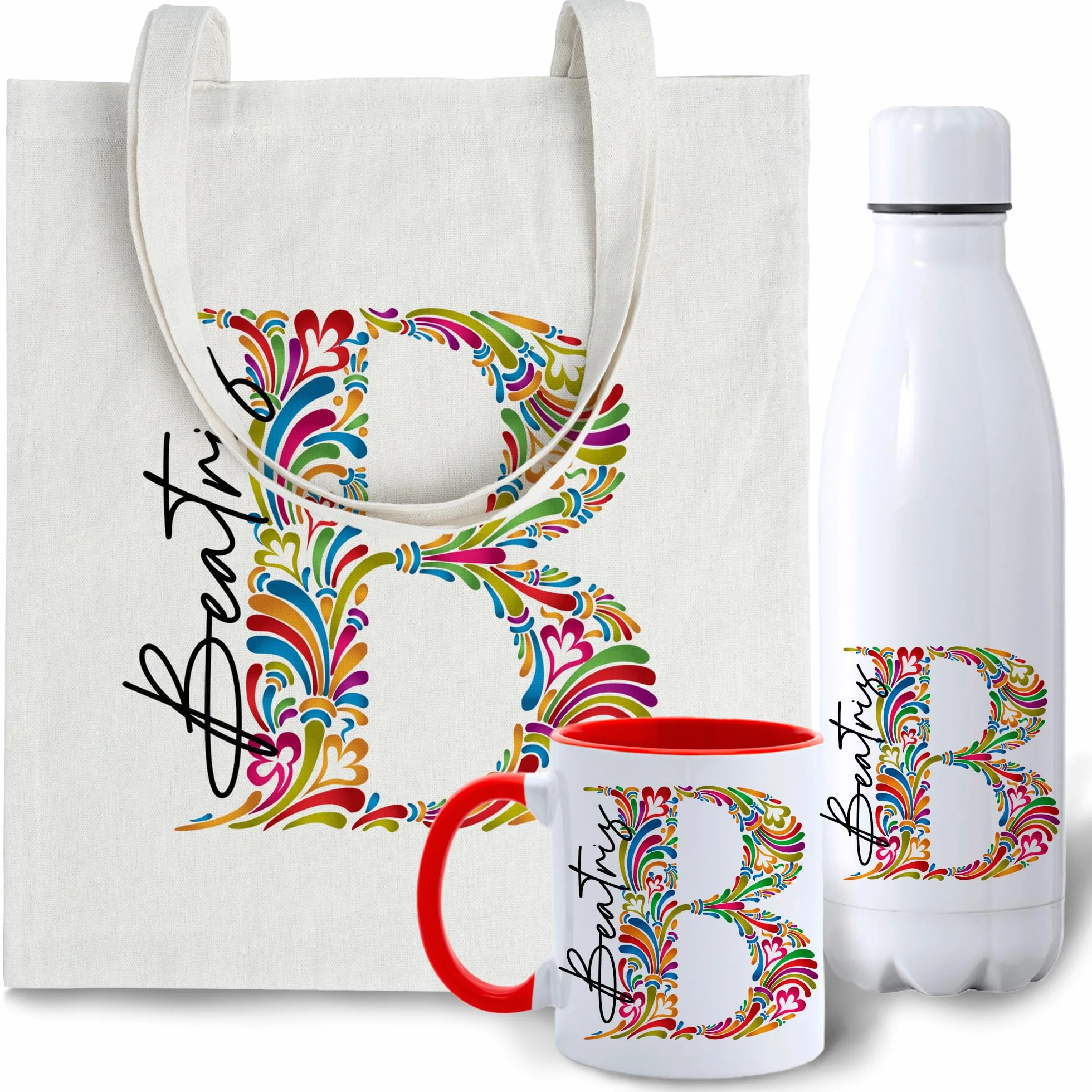 Set Regalo Personalizado Mujer – Tote Bag con Inicial y Nombre + Botella a Juego | Opción de Añadir Taza Personalizada con Mensaje y Color – Hecho a Mano en España