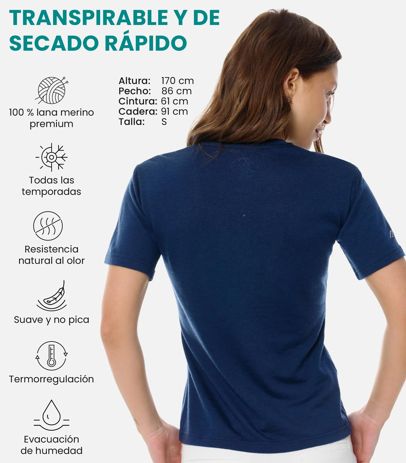 Merino.tech Camiseta Lana Merino Mujer — 100% Merino Lana Camiseta Interior Mujer con Calcetines (Large, Navy V-Neck)