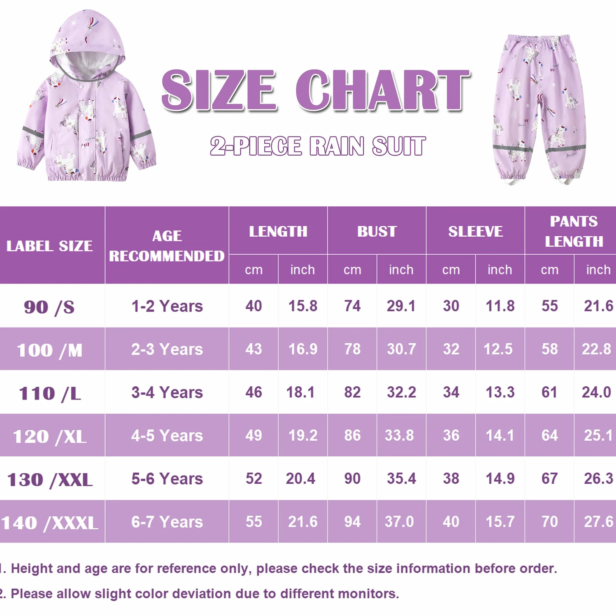 Impermeable Chubasquero Niñas - Abrigos Impermeables & Pantalones Conjunto de 2 Piezas, Niñas Chaqueta de Lluvia con Capucha Pantalones Impermeables Reutilizable Traje Impermeable para 1-7 Años