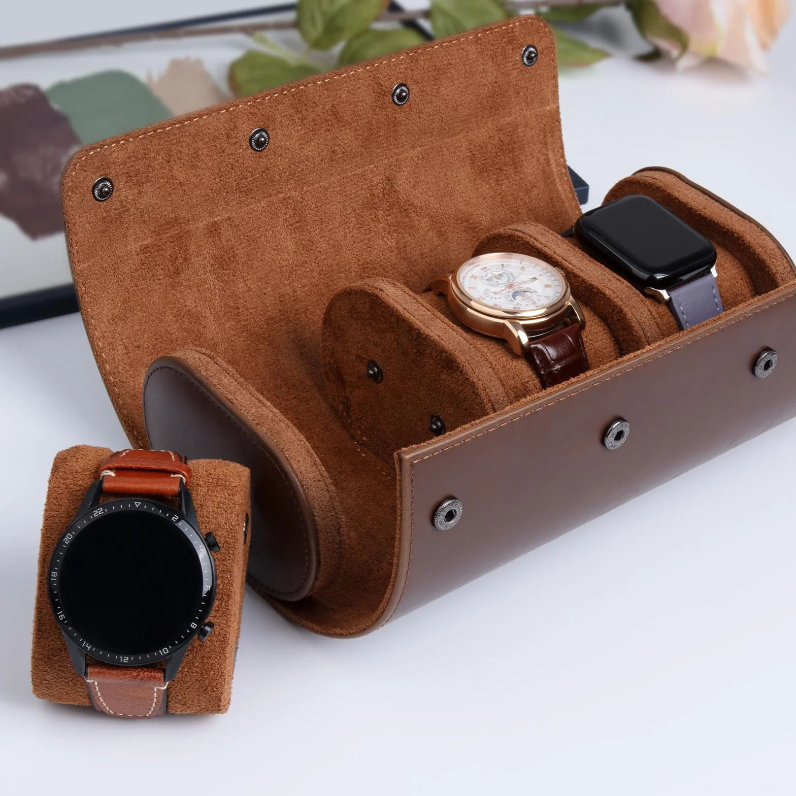 Caja de Reloj cilíndrica con 3 Ranuras, Estuche de viaje para reloj, Caja de Reloj Vintage para Hombres y Mujeres - Versión mejorada Marrón