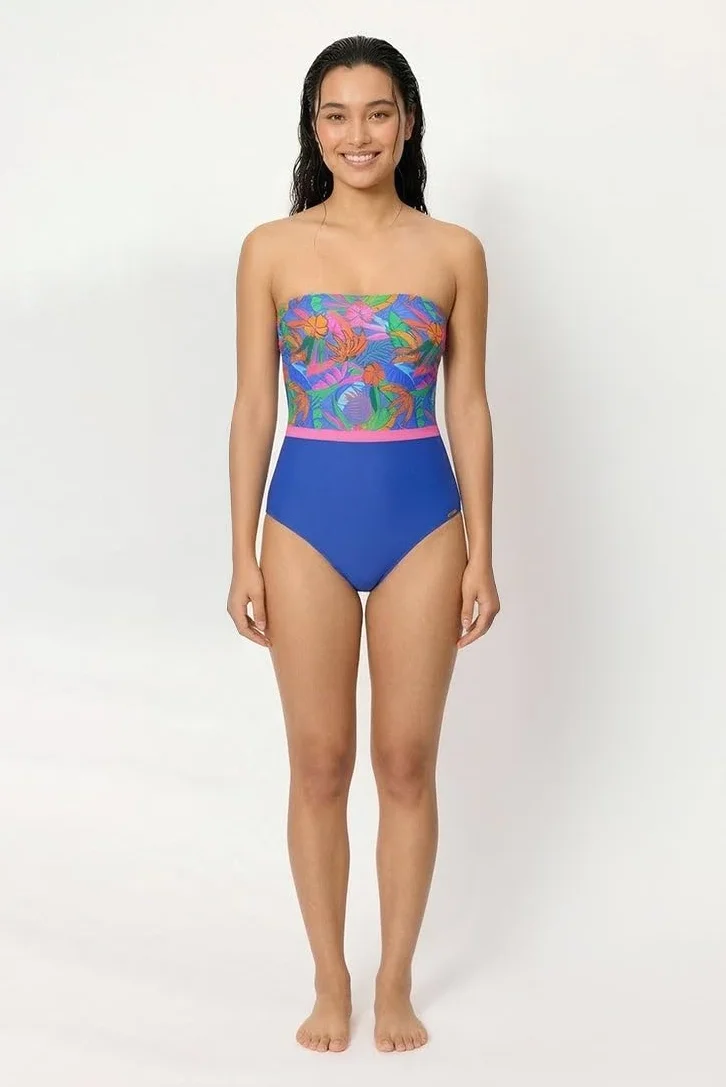 YSABEL MORA Bañador Reductor Bandeau Estampado Tropical Copa B con Compresión Abdomen Sin Aro Relleno Tirantes Desmontables Regulables