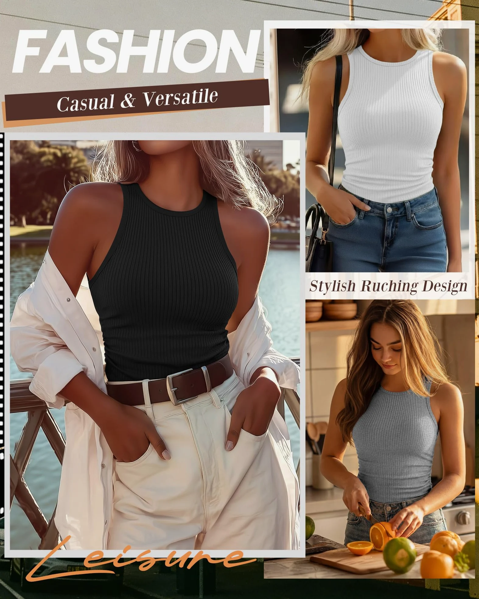 Paquete de 3 Tops sin Mangas para Mujer Tejido Acanalado Ajustado Cuello Redondo Espalda Deportiva