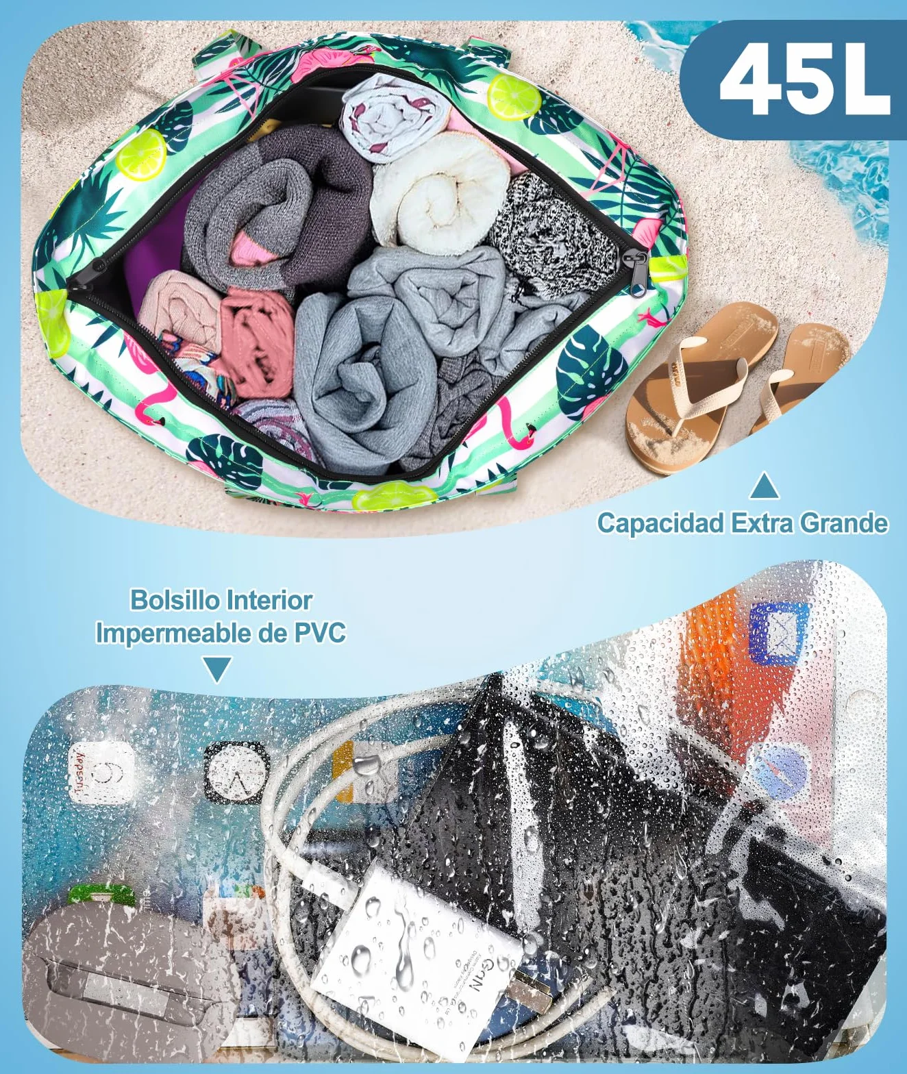 ISEYOU Bolsa Playa, Bolso Playa Mujer Impermeable Con Cremallera 45L, Bolsas Grandes XXL Familiar con 8 bolsillos Plegable Para Viajes, Picnic, Vacaciones