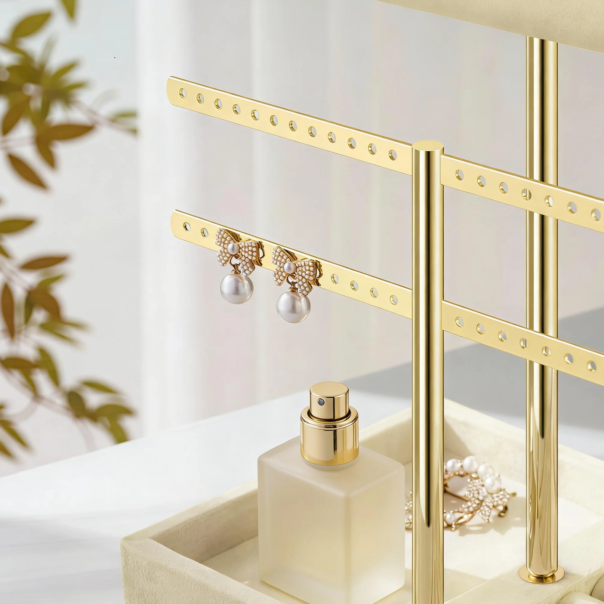 Josmimic Organizador de joyas con 3 niveles – Grande Beige Soporte para joyas pulseras de terciopelo para pulsera, collar, relojes, anillos