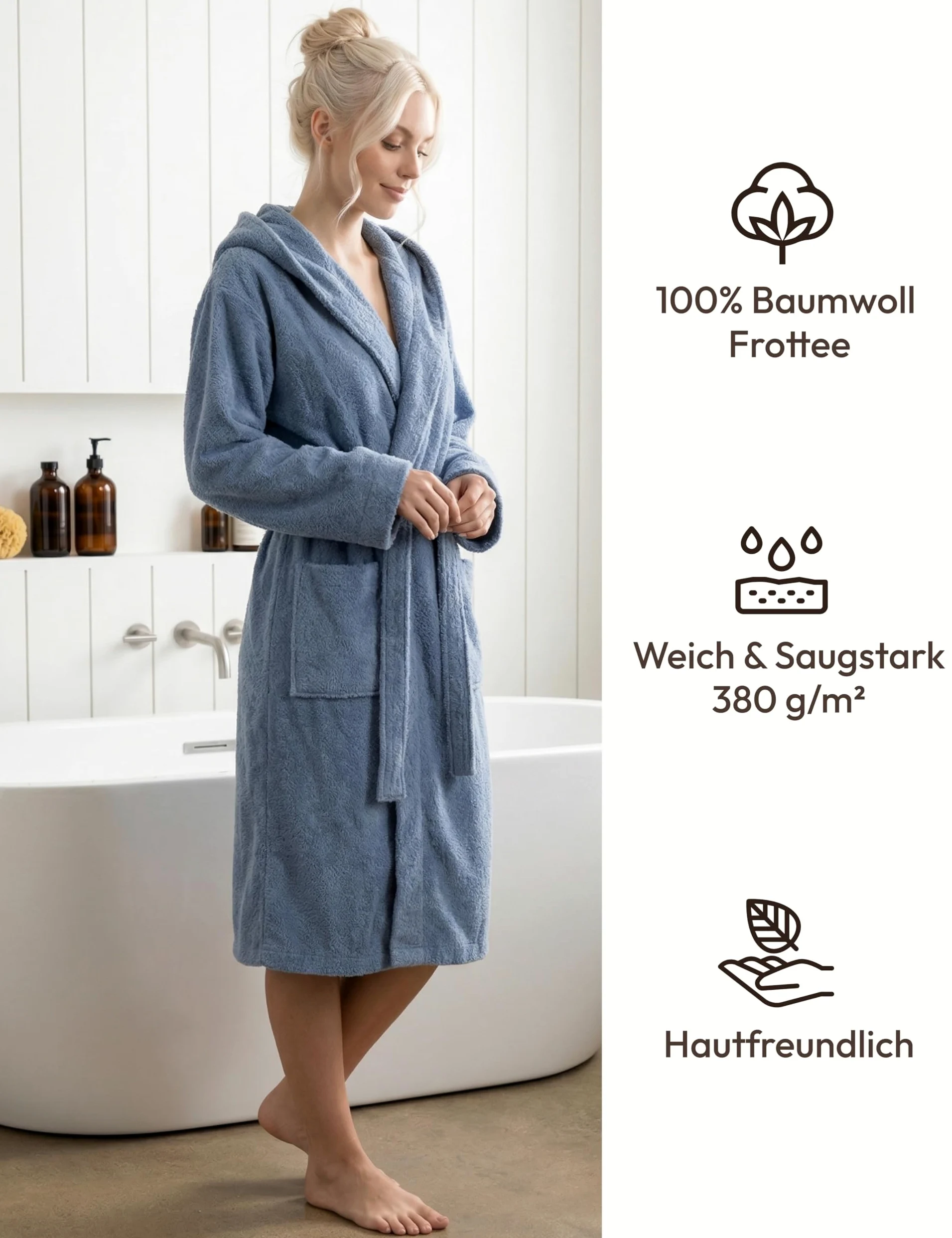 Albornoz Mujer Largo Medio con Capucha – 100% Algodón Rizo 380 g/m² – Bata de Baño, Spa y Casa, Largo hasta la Pantorrilla, Suave, Absorbente, Tallas S–XXL