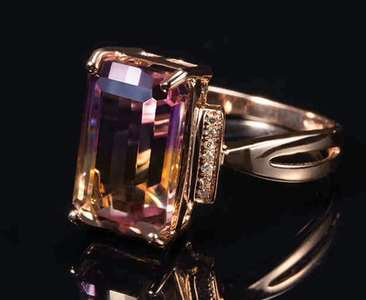 Sortijas de Oro Mujer 18K, Anillos de Mujer de Compromiso Ametrino Rectángulo Oro Rosa 18 Kilates con Certificado