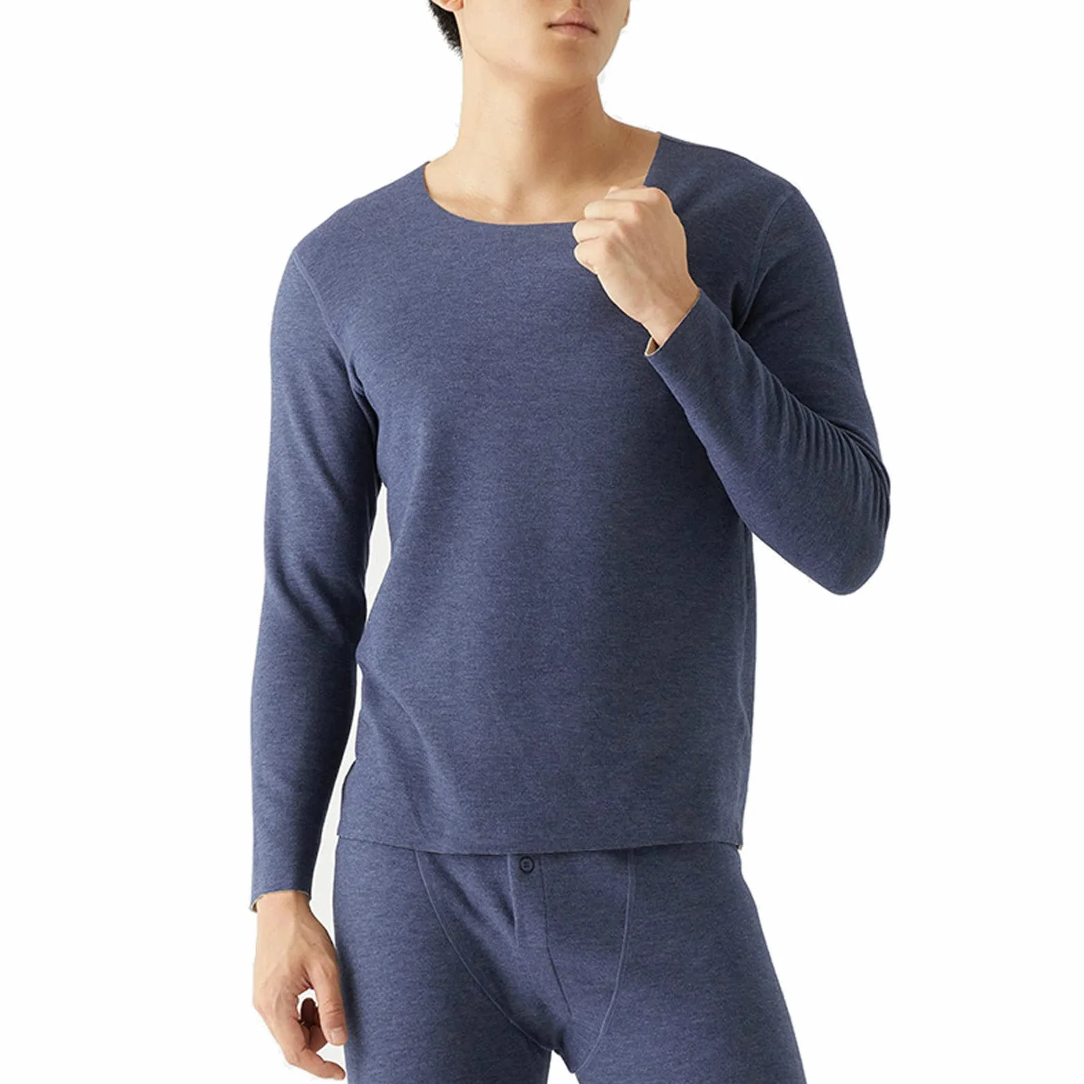 Aeici Ropa interior térmica Hombre Fibra Acrílico Cuello Redondo Top Manga Larga Hombre Azul Marino