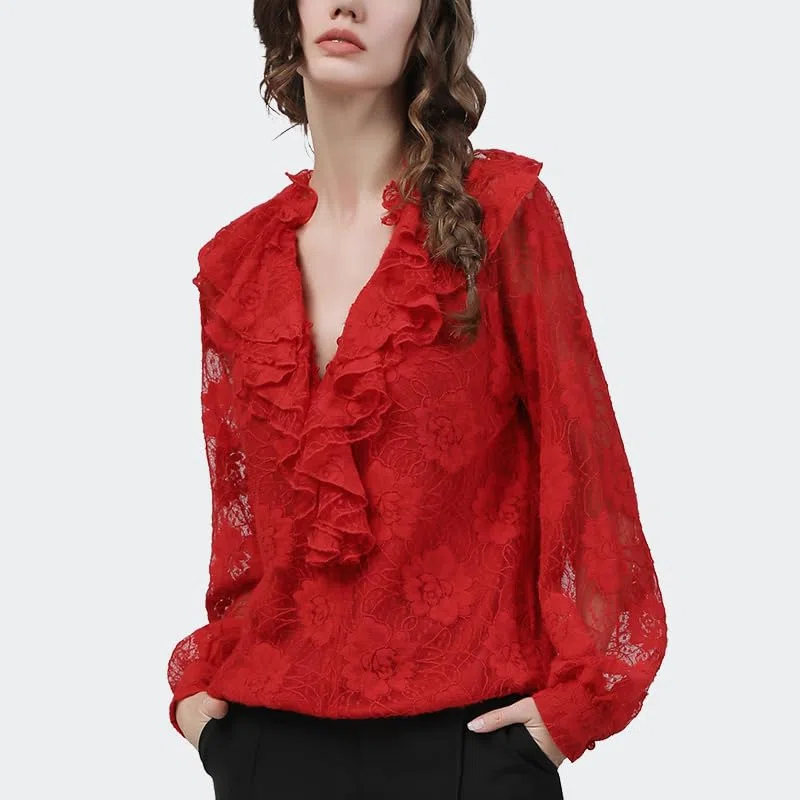 Tops de Encaje Floral Rojo para Mujer, Blusas holgadas de Talla Grande para Primavera, Manga Larga con Cuello en V, Blusas con Volantes, Ropa Informal para Todo Partido (Rojo XL)