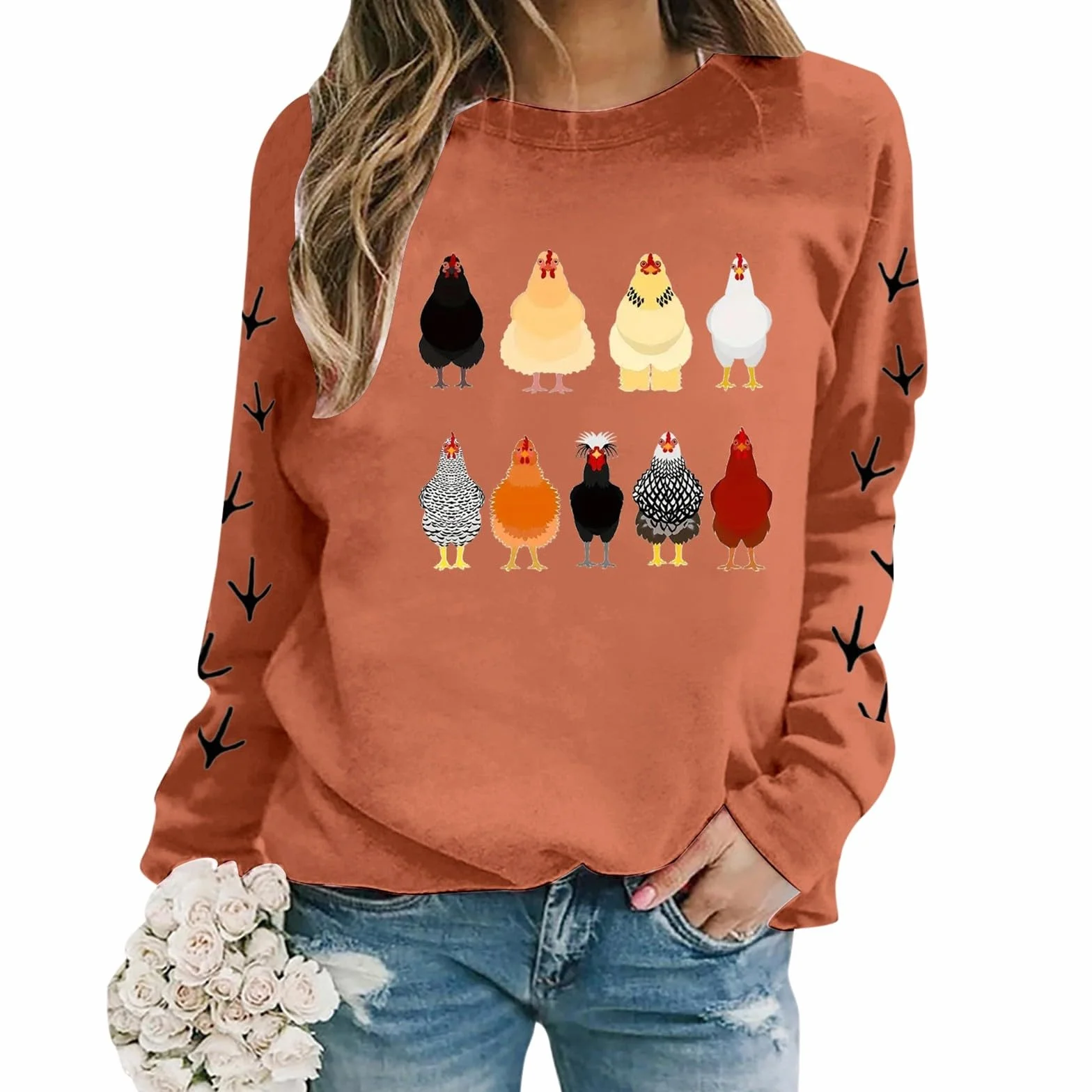 Jersey para mujer, algodón, manga larga, sin capucha, con estampado de pollo, holgado, cómodo para otoño, invierno, informal, deporte, ropa de calle, ocio, uso diario