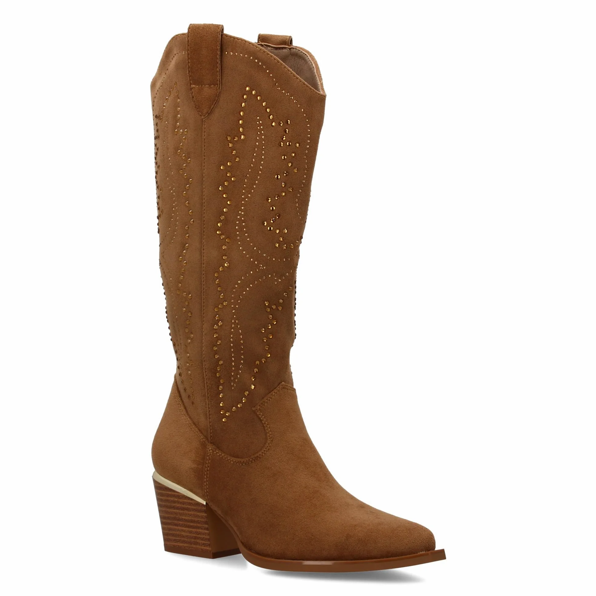 Botas de Mujer con Diseno de Brillantes en la Cana, Tacon Cubano de 6cm. Estilo Cowboy con Cierre de Cremallera.