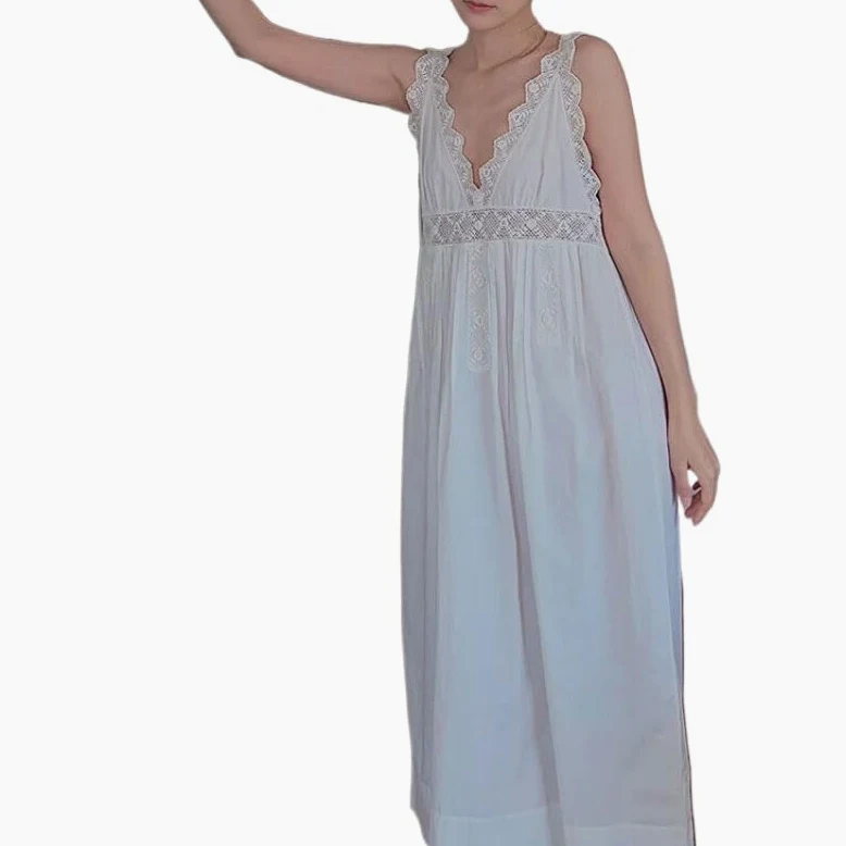 OFFSUM Camisón De Pijama De Mujer - Ropa De Dormir Sin Mangas De Encaje Sexy De Algodón Bordado A La Moda Ropa De Casa Informal De Gran Tamaño Estilo Palaciego Dulce Princesa