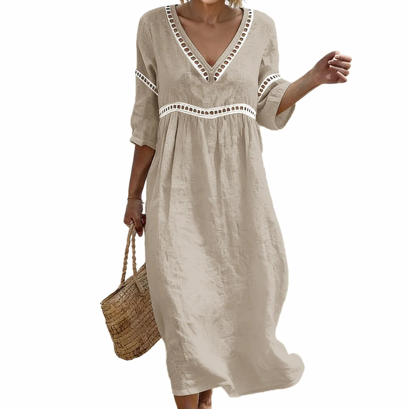 Vestido de Lino Manga Corta Midi para Mujer Algodón Casual Ligero Playa Vacaciones