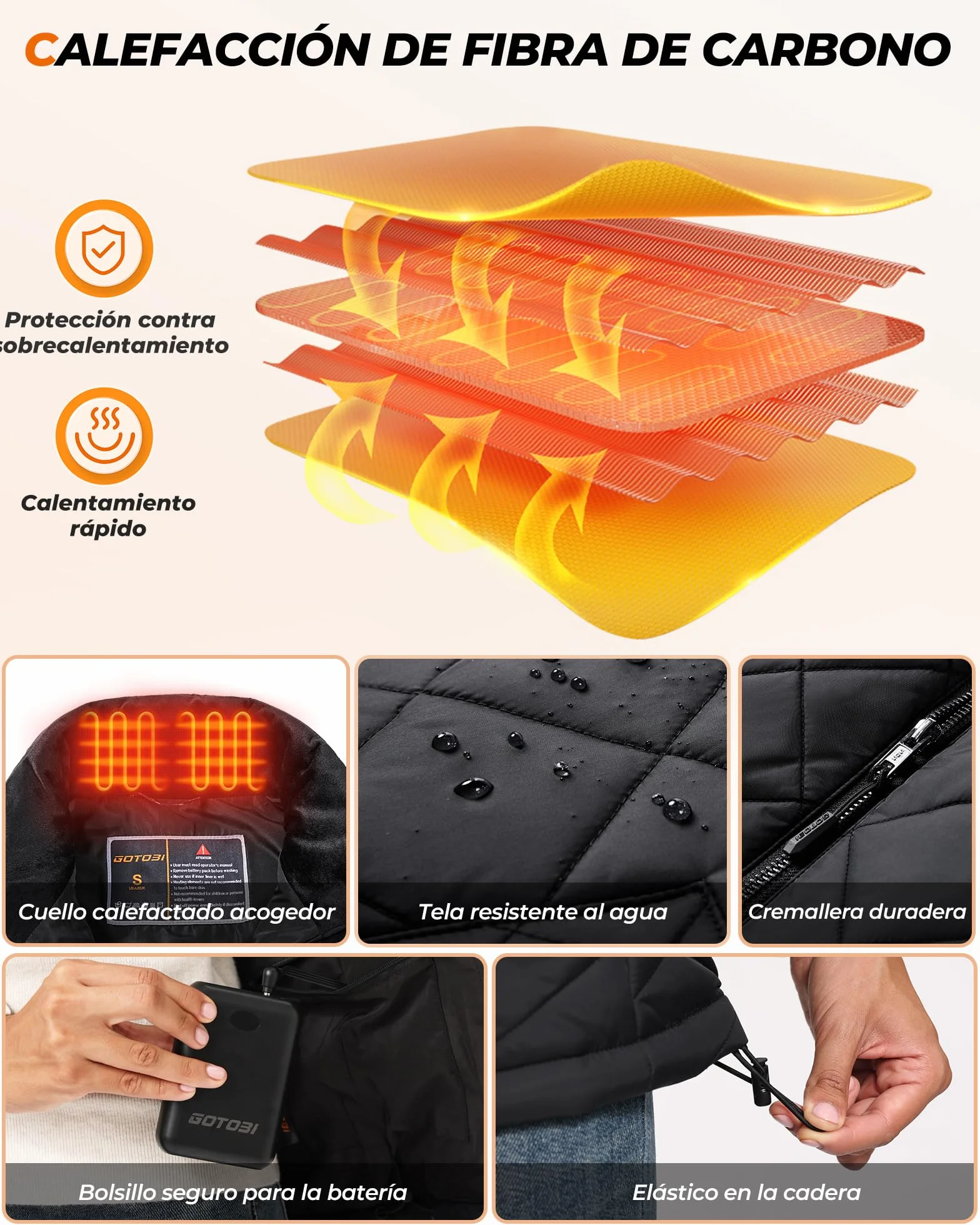 Chaleco Calefactable Mujer con Batería 16000mAh 7.4V, 9 Áreas de Calefacción, 3 Niveles de Temperatura Ajustables