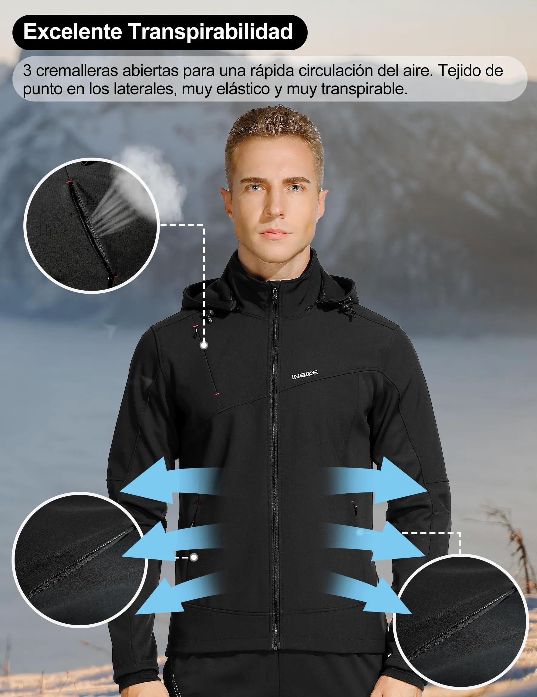 INBIKE Chaqueta Softshell Cálida Para Invierno Cazadora Resistente Al Viento y Agua Con Capucha Extraíble y Forro Polar Suave Para Trekking Senderismo Escalada Ciclismo Running 7103